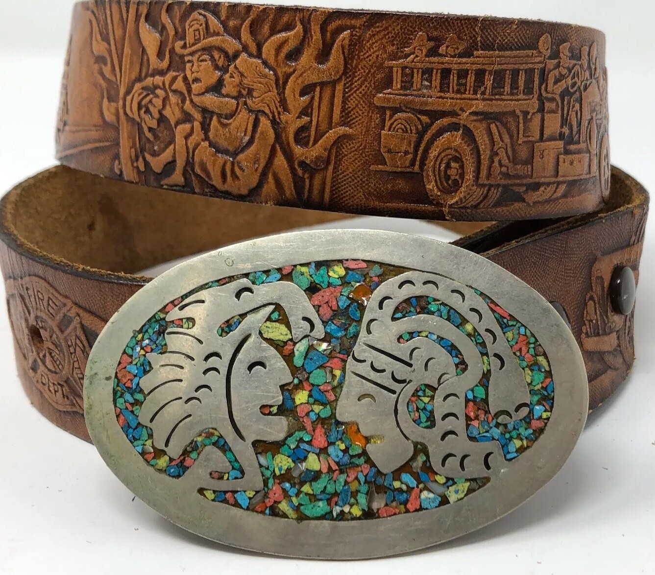 Vintage Mexico Color Stone Inlay Aztec Warrior Inca Mayan Silver Belt Buckle