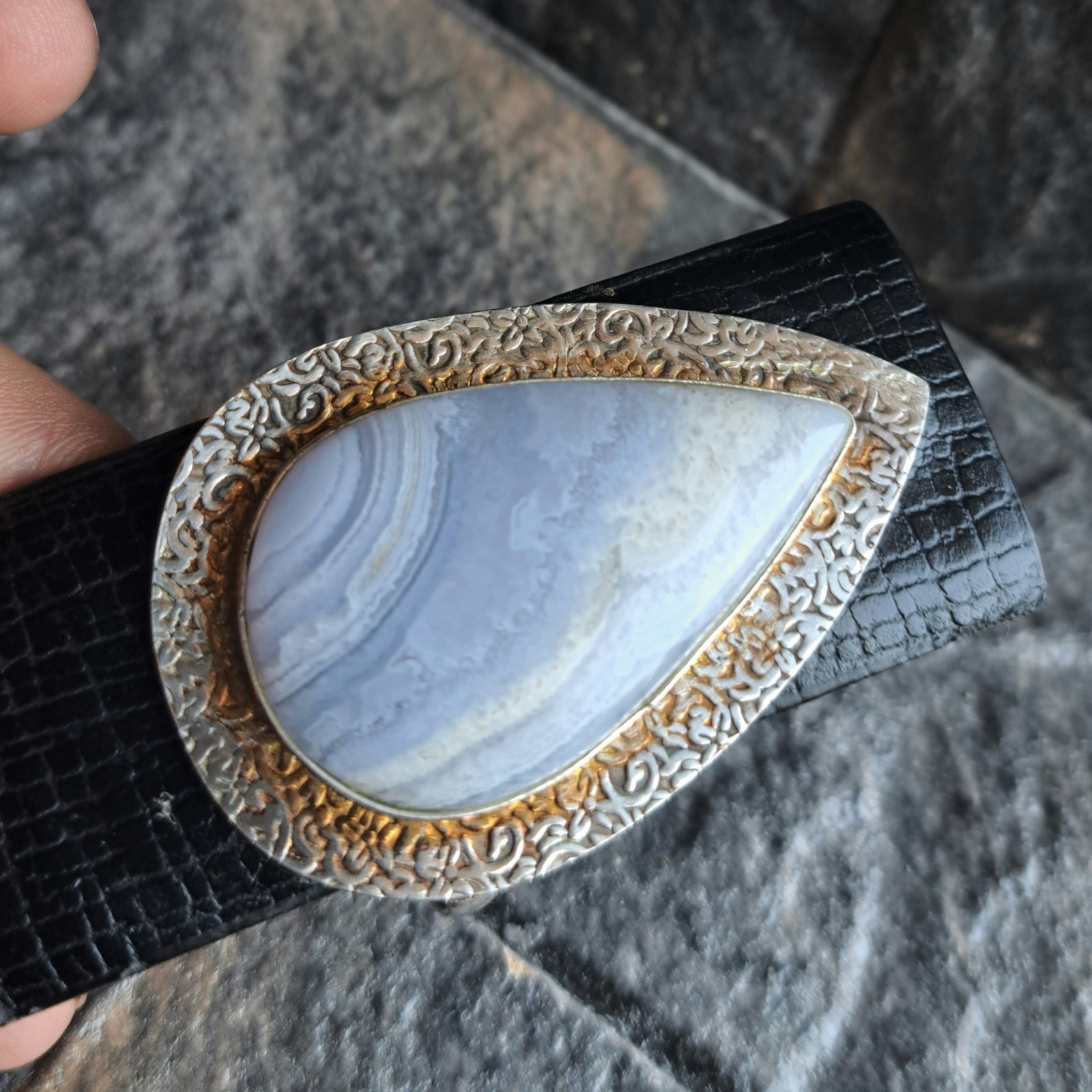 Blue Lace Agate Teardrop Silver Plated Belt Buckle Soft Lavender Banded Unisex