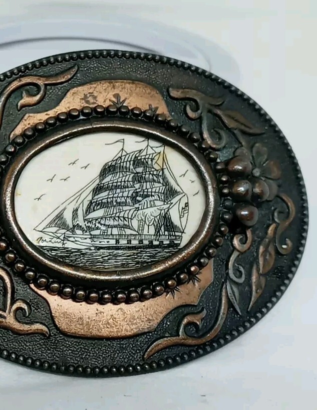 Vtg. 1970s Sailing Ship Belt Buckle W Birds. Brass Plated Metal. Ornate Edges.