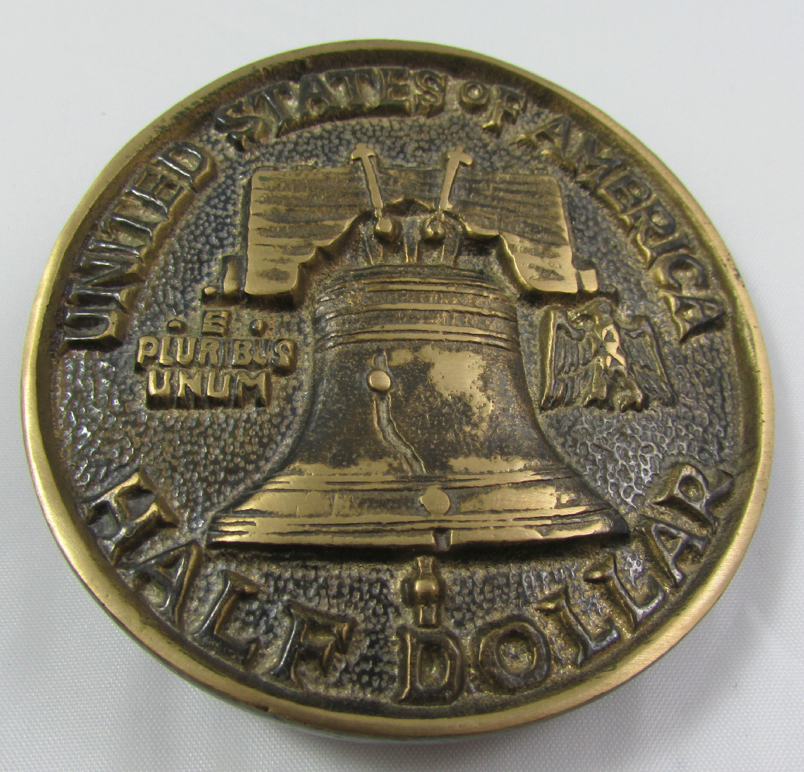 Vintage Solid Brass American Half Dolar Liberty Bell Patriotic Belt Buckle #873