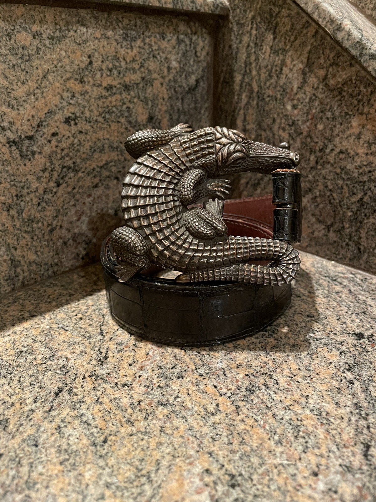 Huge! Kieselstein-Cord Sterling Alligator Buckle With Black Alligator Belt Sz 2