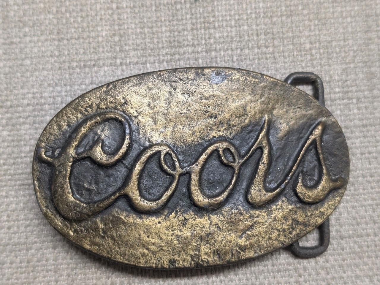 vintage 1970s belt buckle COORS bronze BRASS western BRUTALIST handcrafted FOLK