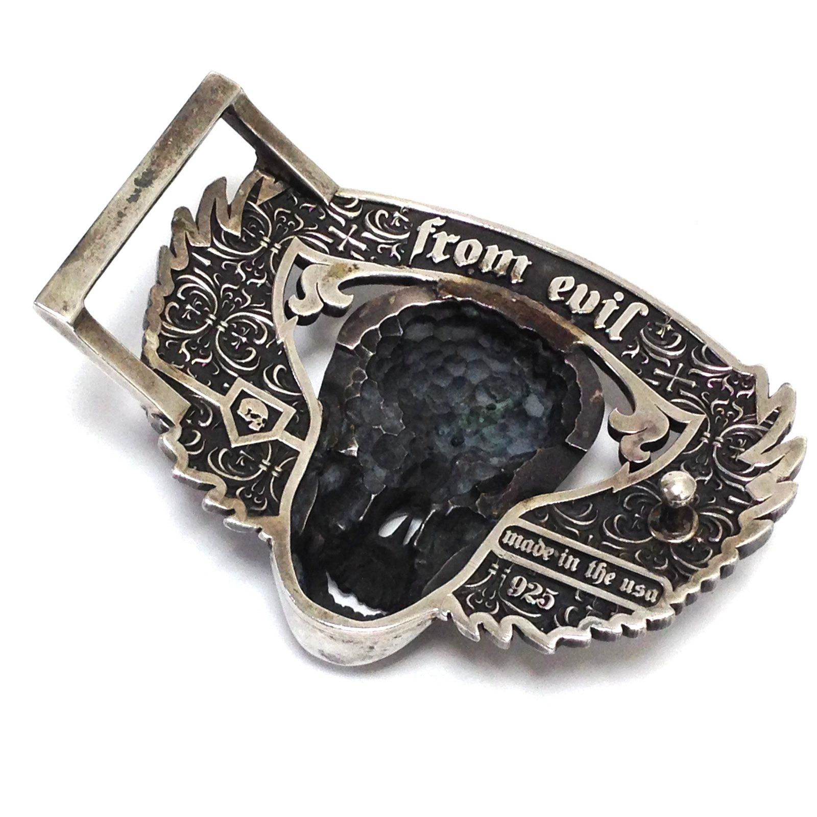 Skull & Wings Deliverance From Evil Belt Buckle Solid Sterling Silver 236.8g