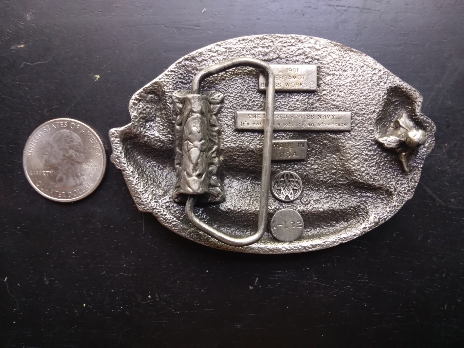 US Navy Vintage Bergamot Brass Works Heavy Belt Buckle 1981 Ship Flag Free S&H