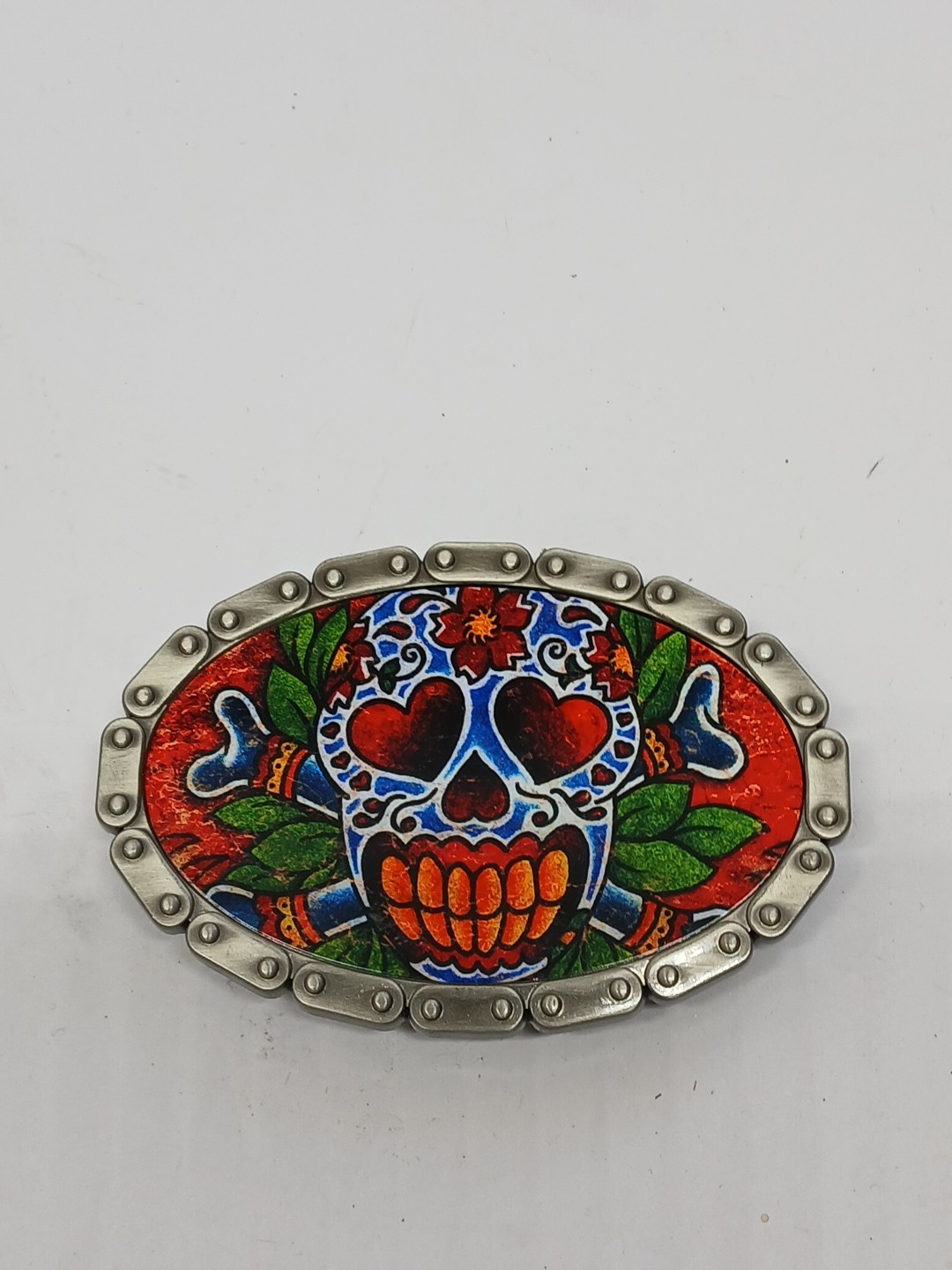 HOTBUCKLE Oval “SKULL Flowers & Cross Bones BELT Buckle Only New Like Ed hardy