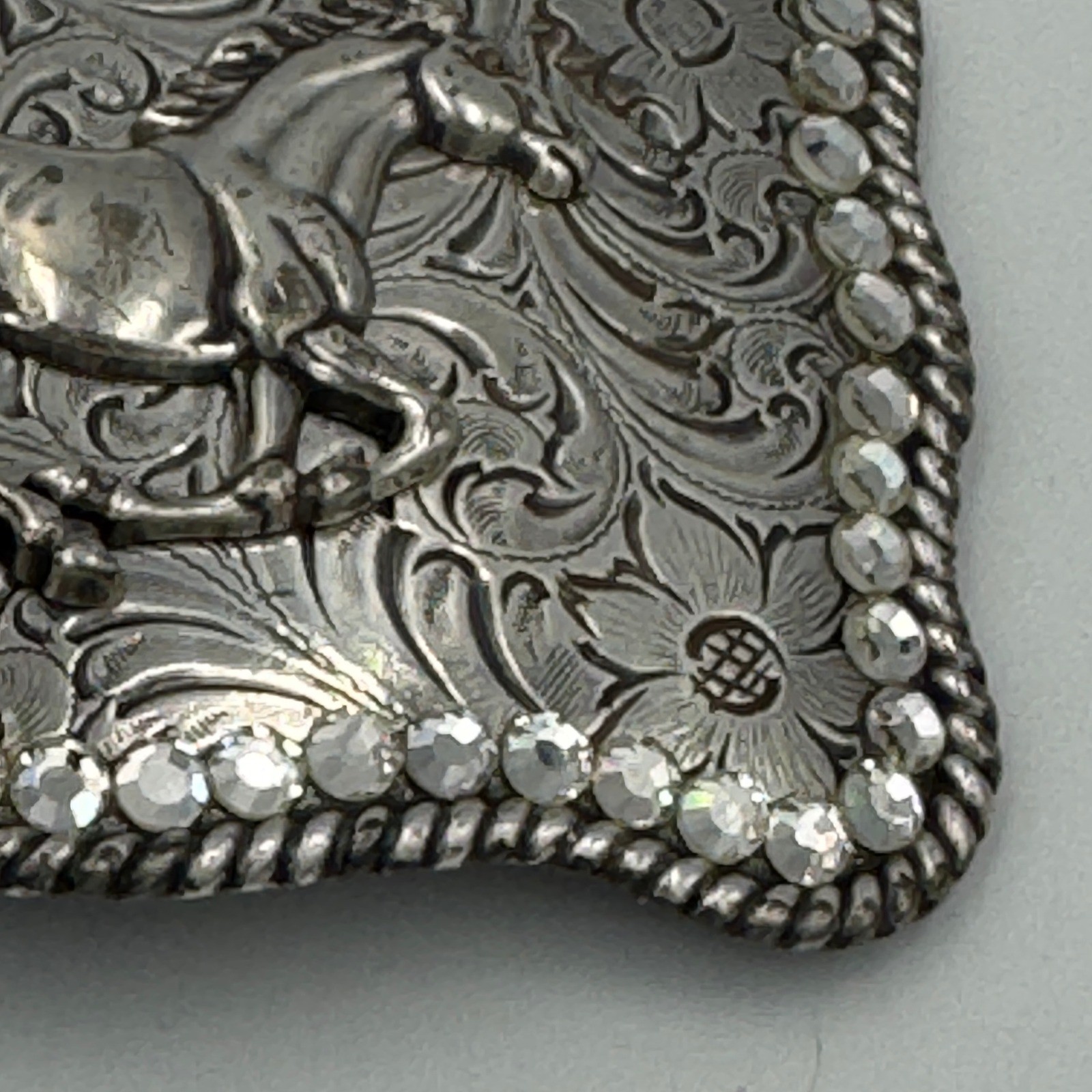 Western Horse Belt Buckle Silver Tone Floral Engraved Rhinestone Border Rodeo