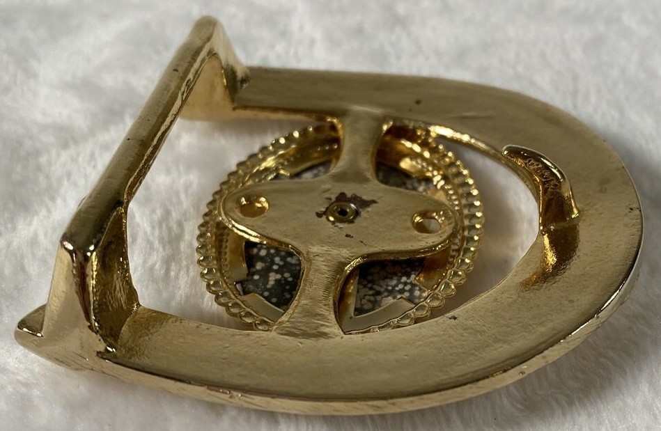 Vintage Belt Buckle 3×3&Prime; Gold Plate Western Horseshoe Black Beige White Stone