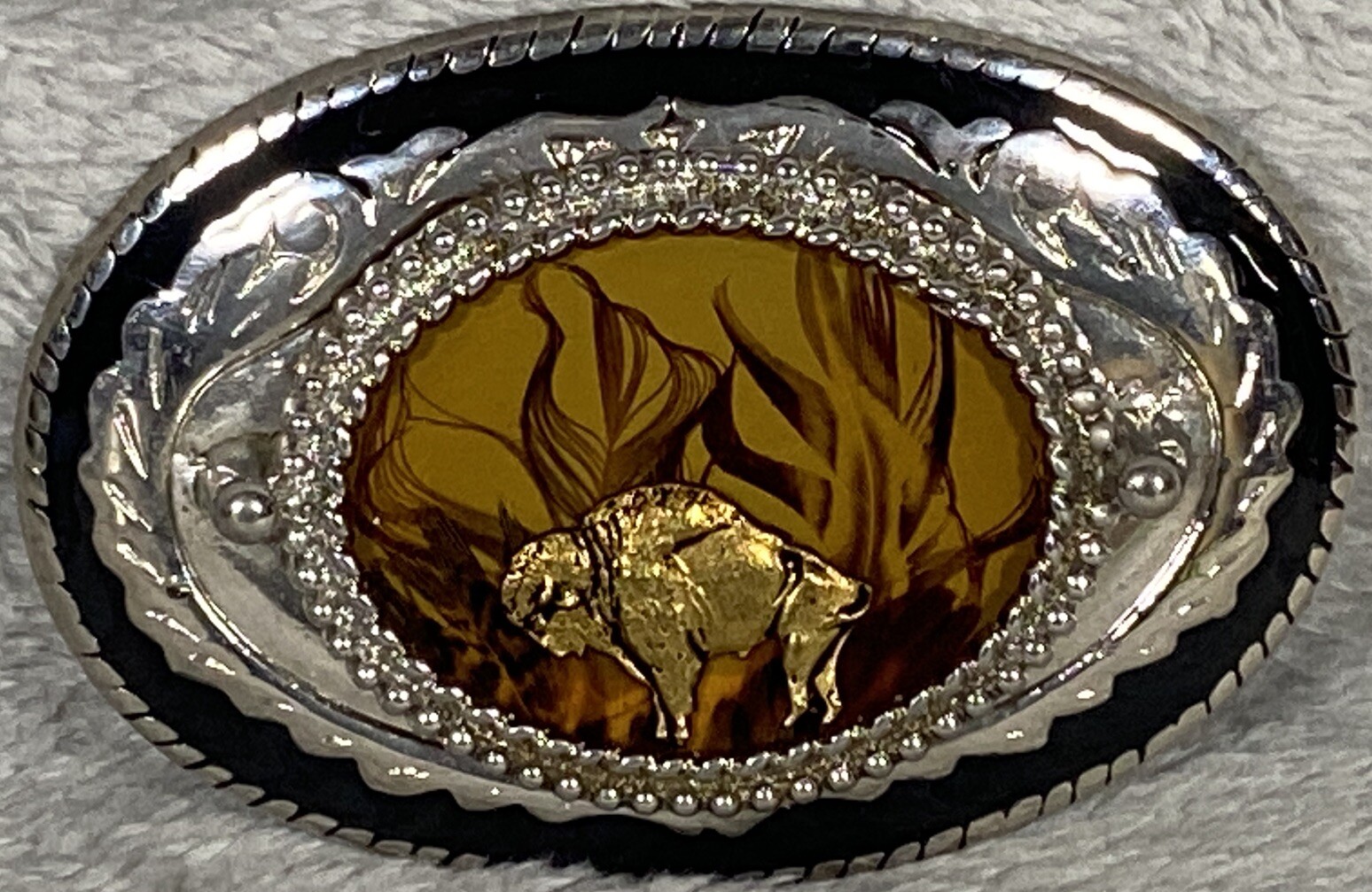 Buffalo Belt Buckle Silver & Black Oval 4&Prime; x 2-1/2 Made In USA