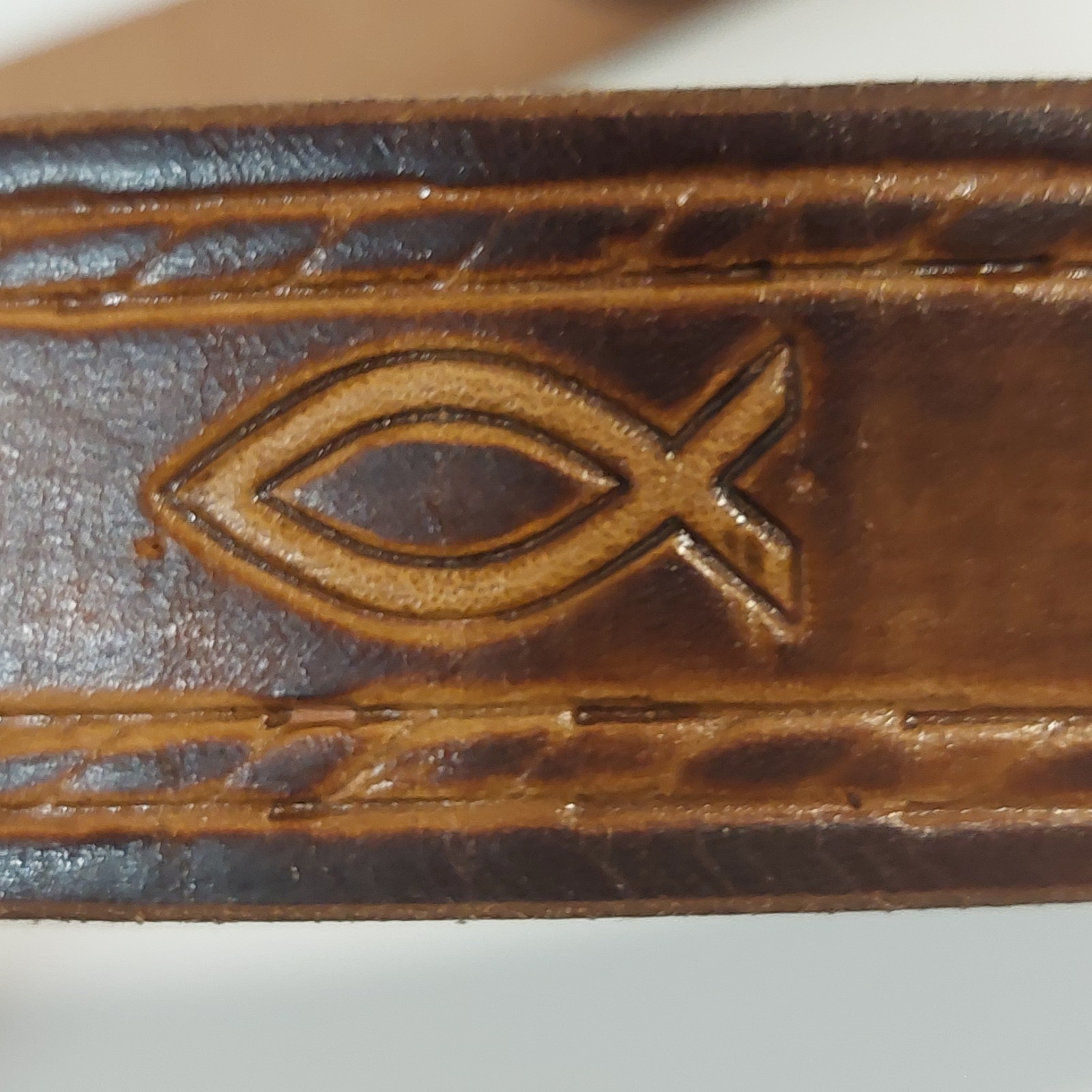 Jesus First Belt Buckle Solid Brass Vintage Handmade Leather Icthus belt 33&Prime;-37&Prime;
