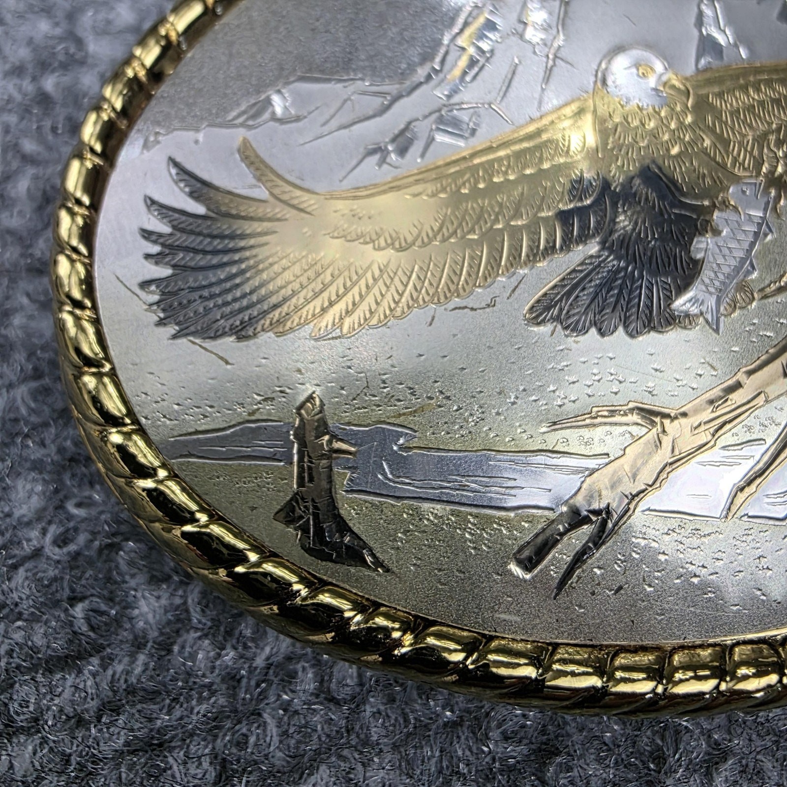 Bald Eagle Mountain Scene Belt Buckle Made in USA Western Gold Trim Wildlife VTG
