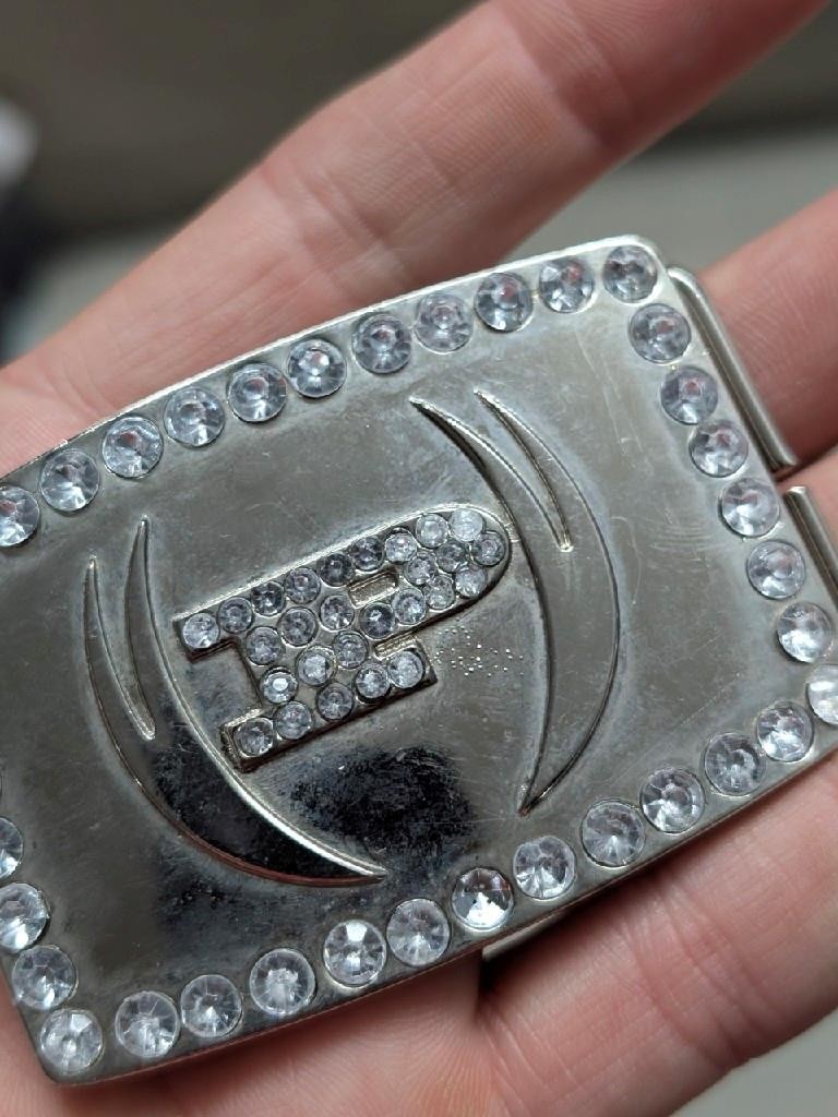 vintage Y2K rhinestone PHAT FARM belt buckle STUDDED chrome western cowboy