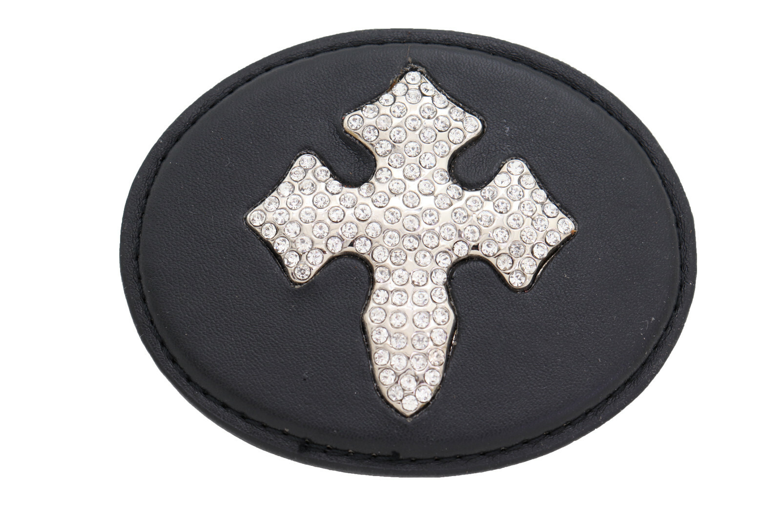 Men Women Fashion Black Oval Belt Buckle Silver Metal Bling Cross Religious Look