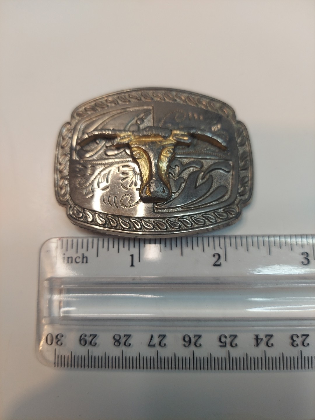 Western Longhorn Belt Buckle Floral Engravings Bull Head Rope Border
