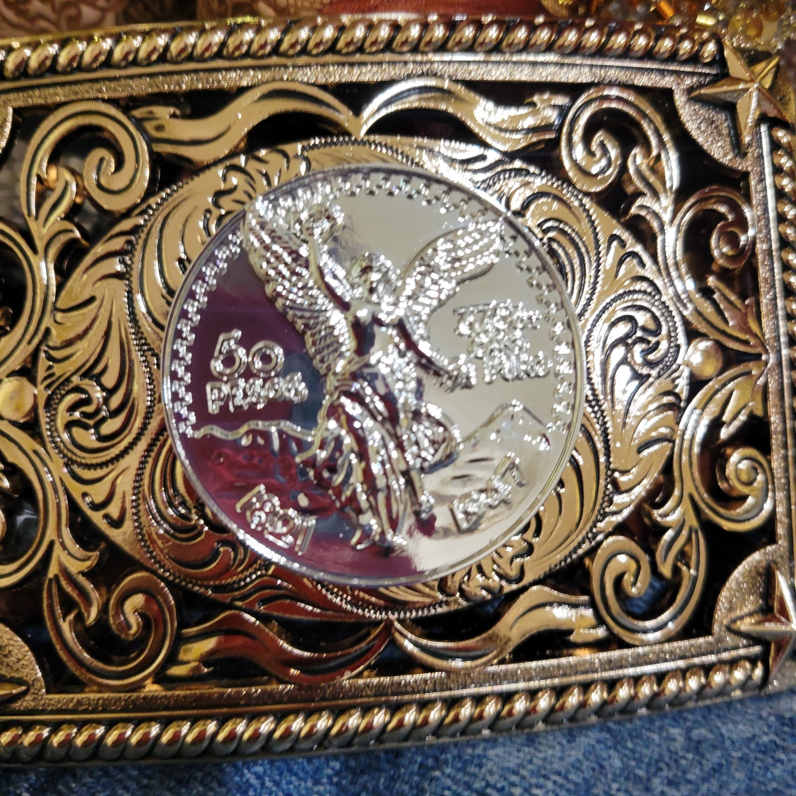 Centenario Cowboy Belt Buckle Western Rodeo Silver Rosetone Coin Rectangle
