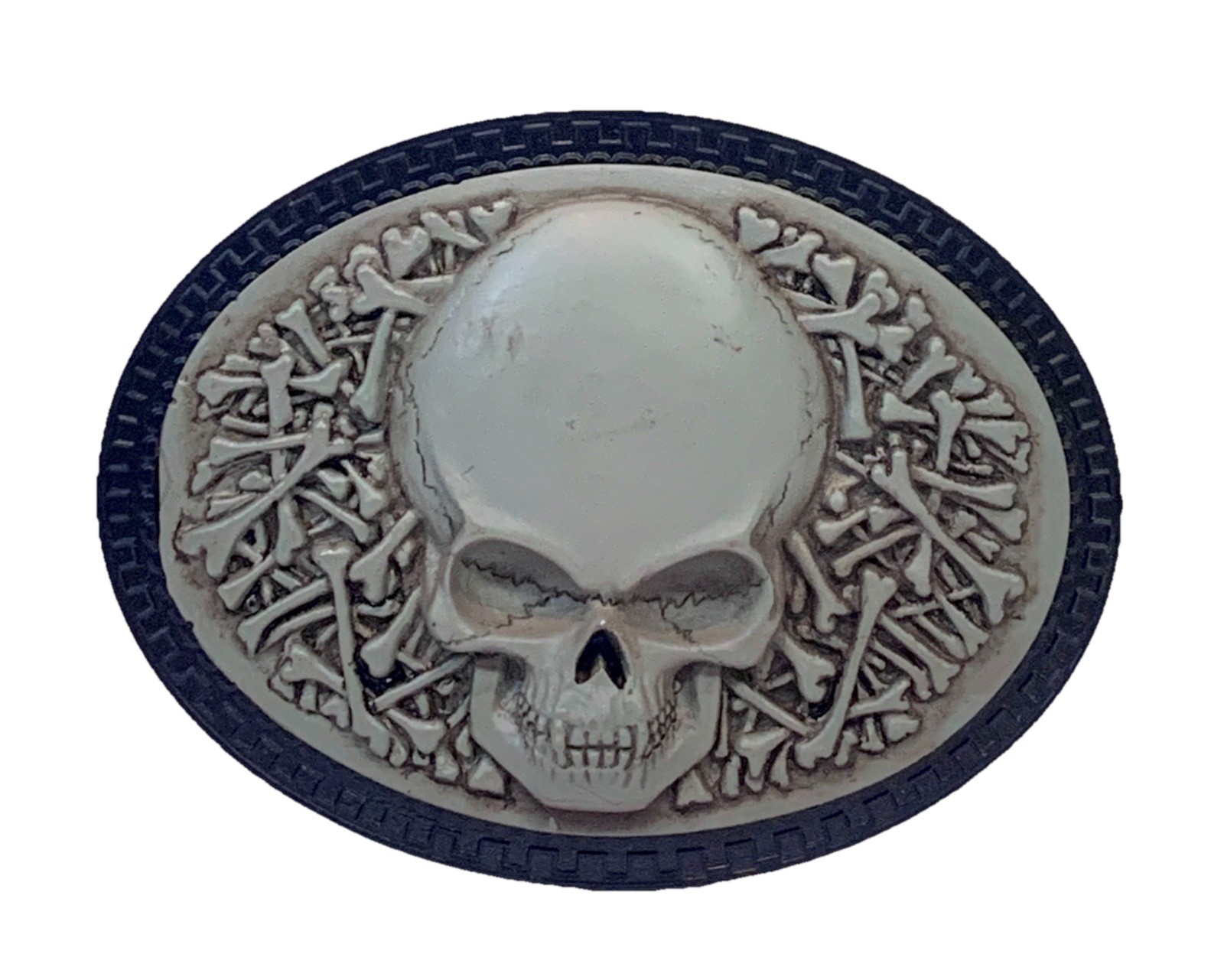 Skull & Bones Gray & Black Belt Buckle Pewter 4”x 3” Fits Up To 1.75” Belt 10