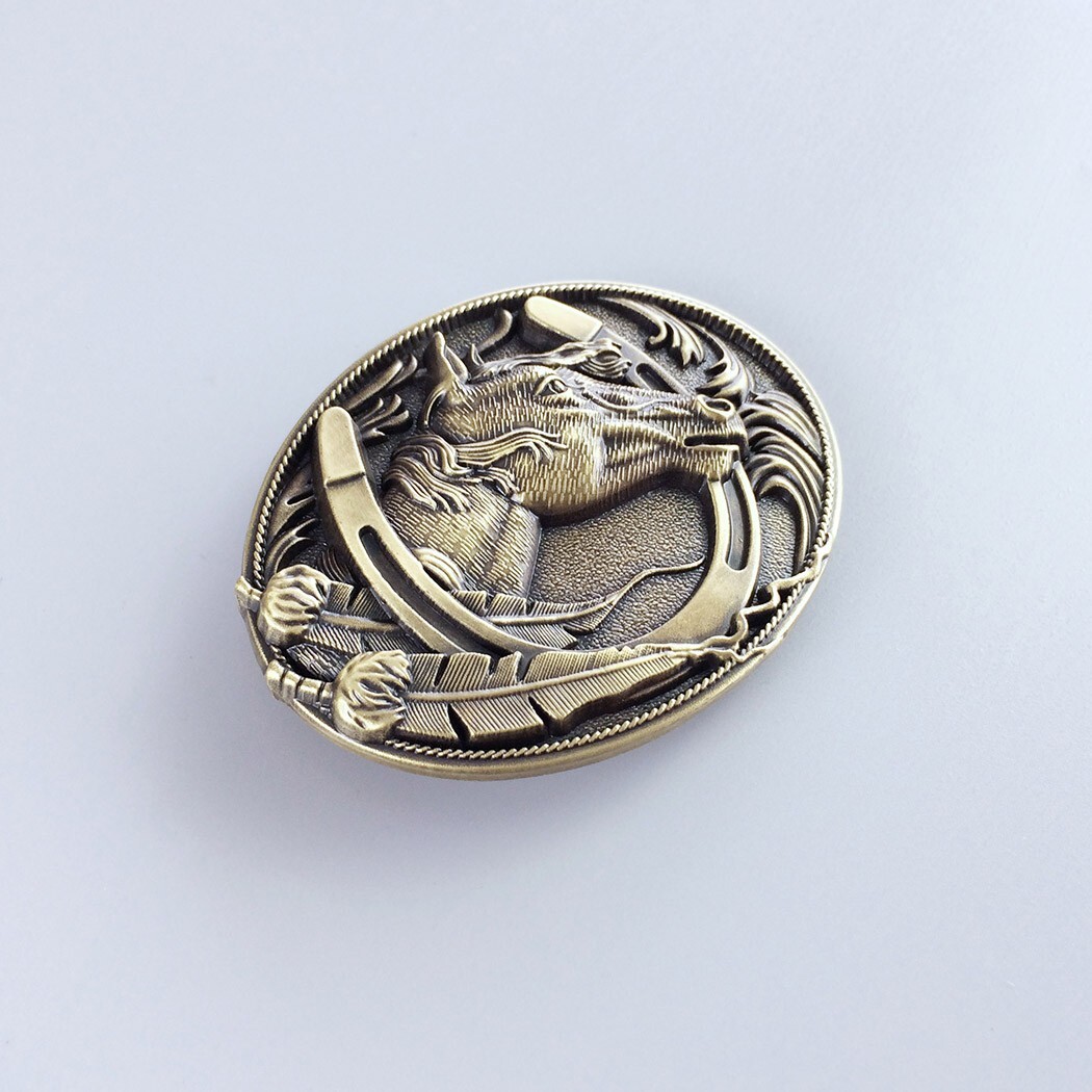 Vintage Bronze Plated Western Horse Horseshoe Oval Belt Buckle