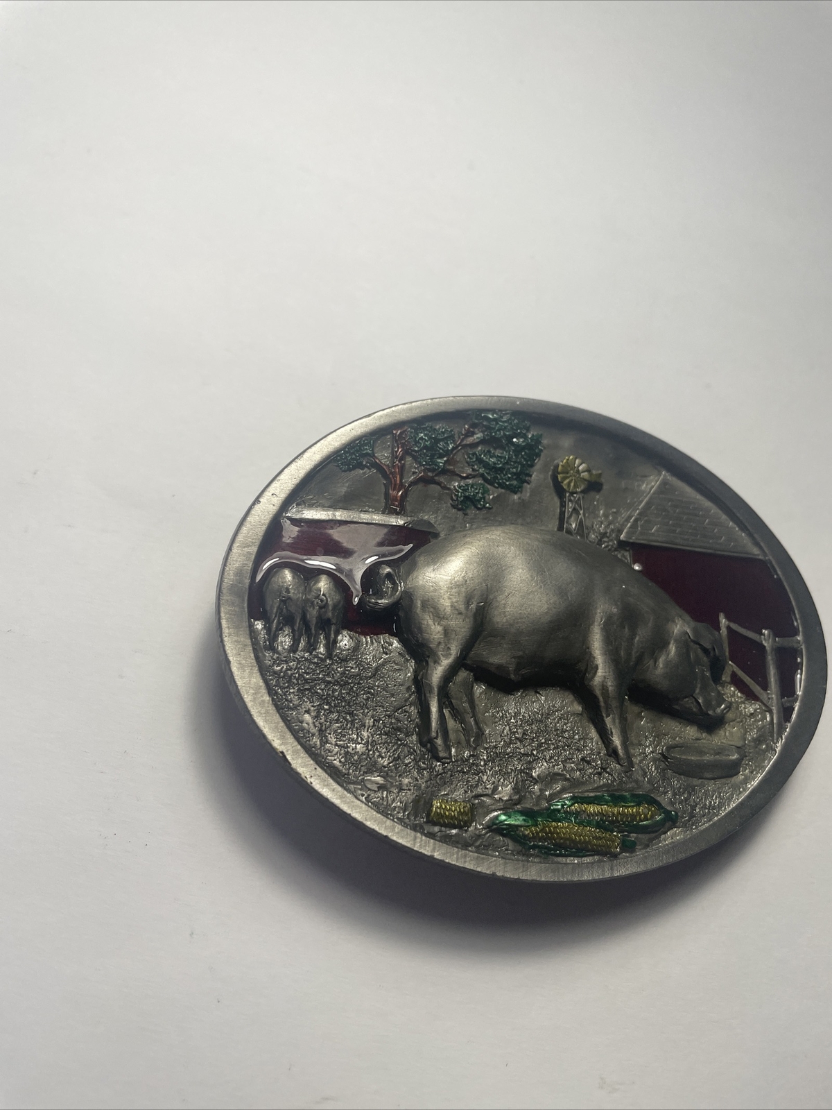 1987 BELT BUCKLE VINTAGE PIG IN PIGPEN C&J INC. MADE IN USA Farmers Farming Hog