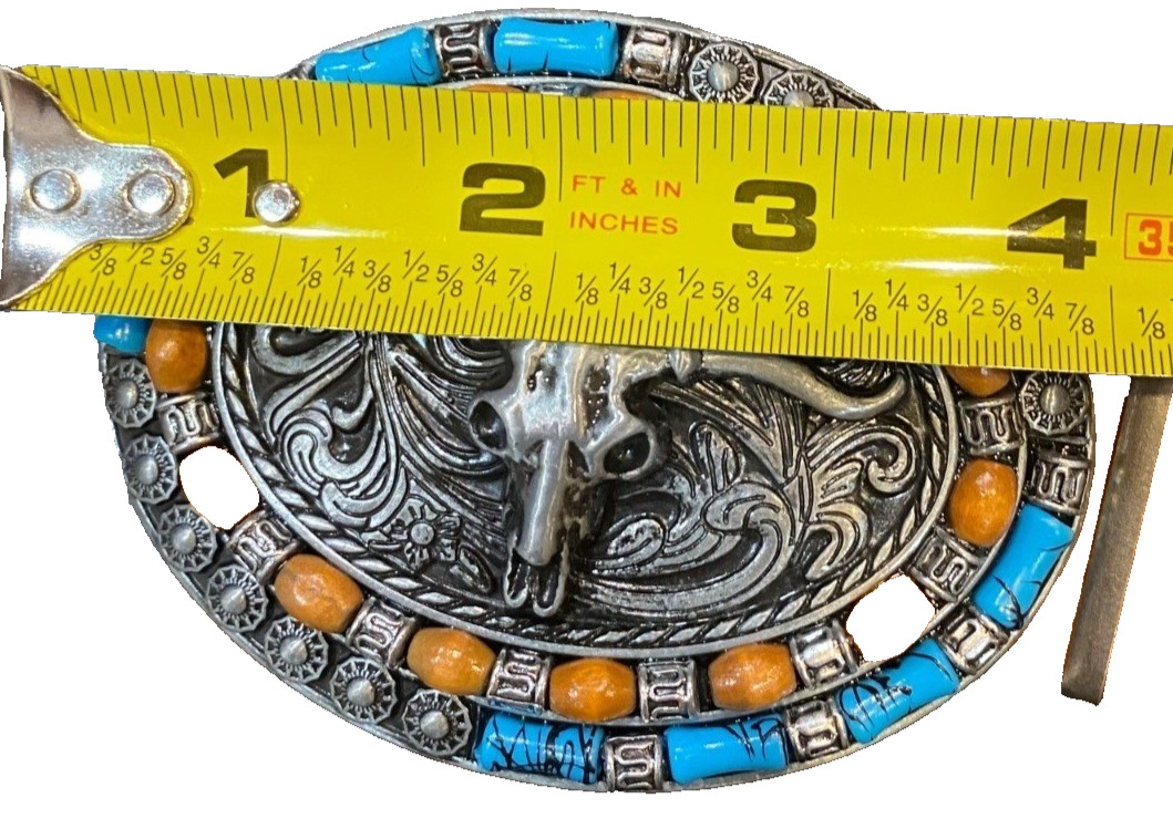 Western Longhorn Skull Belt Buckle Turquoise Coral Style Silver Tone Cowboy 4&Prime;