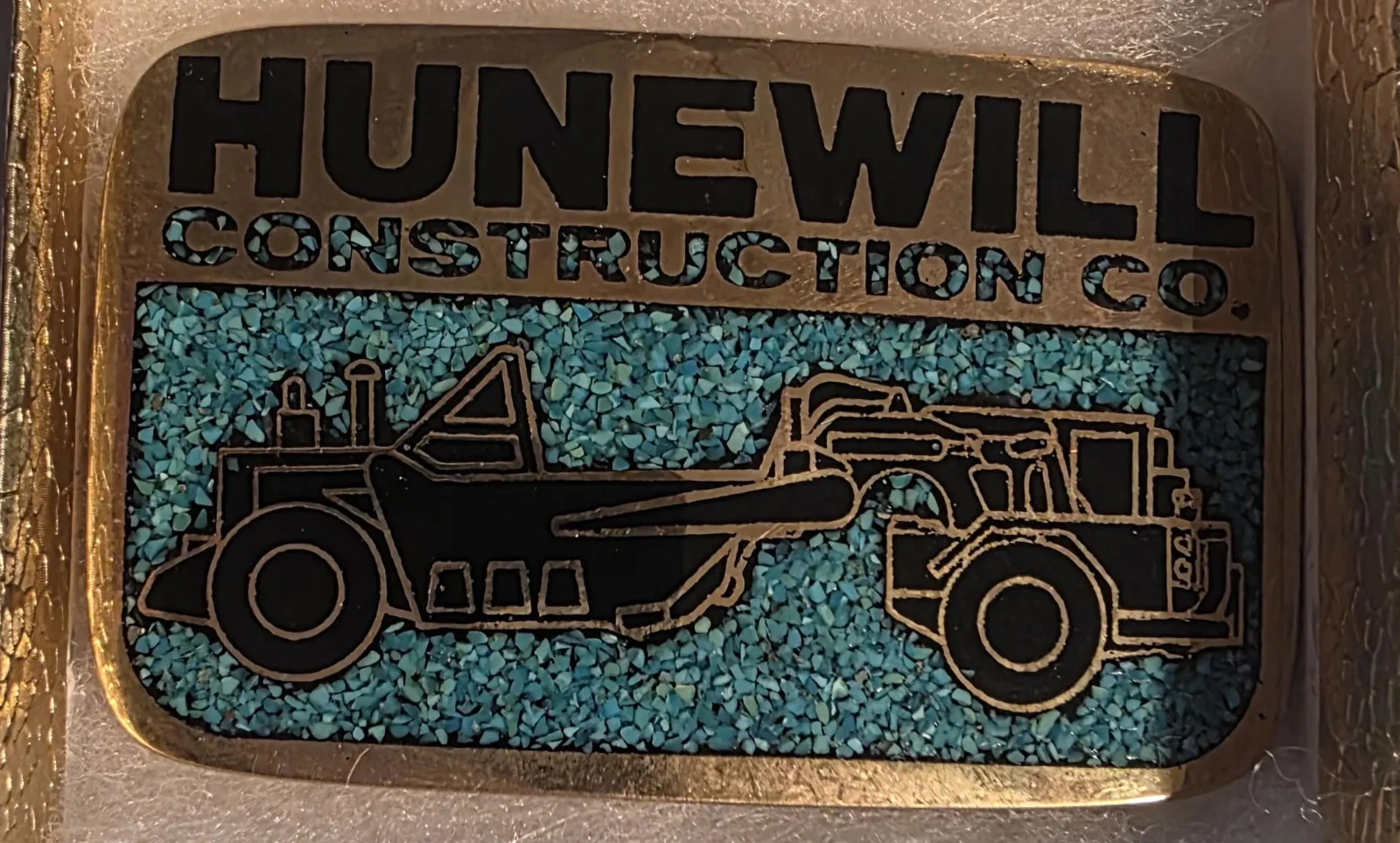 Vintage Metal Belt Buckle, Solid Brass, Blue Crushed Turquoise Stones, Hunewill
