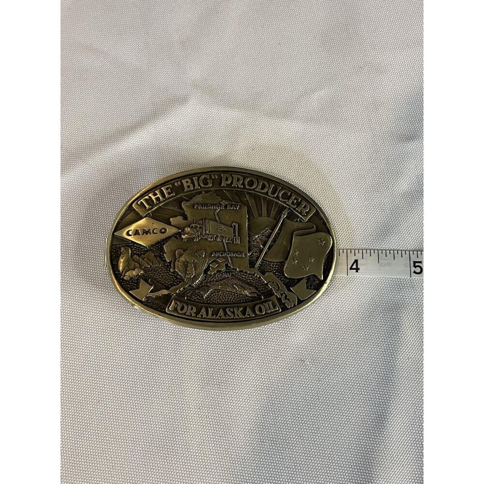 AMOCO THE BID PRODUCER OIL BELT BUCKLE ALASKA PRUDOE BAY BEAR SEAL FLAG SEMI