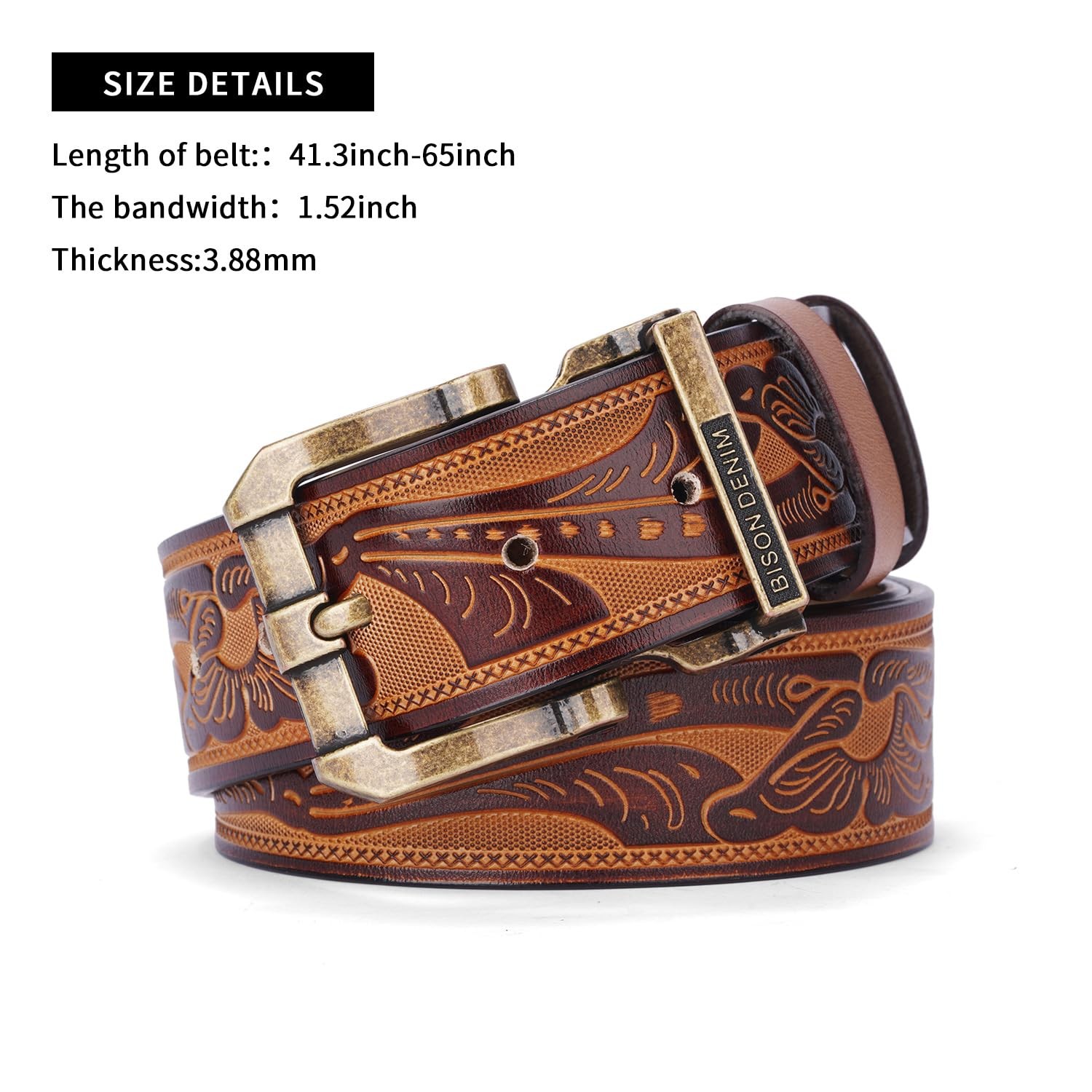 BISON DENIM Men&rsquo;s Genuine Leather Belt, 33&Prime;-36&Prime;, Golden Buckle-brown Belt