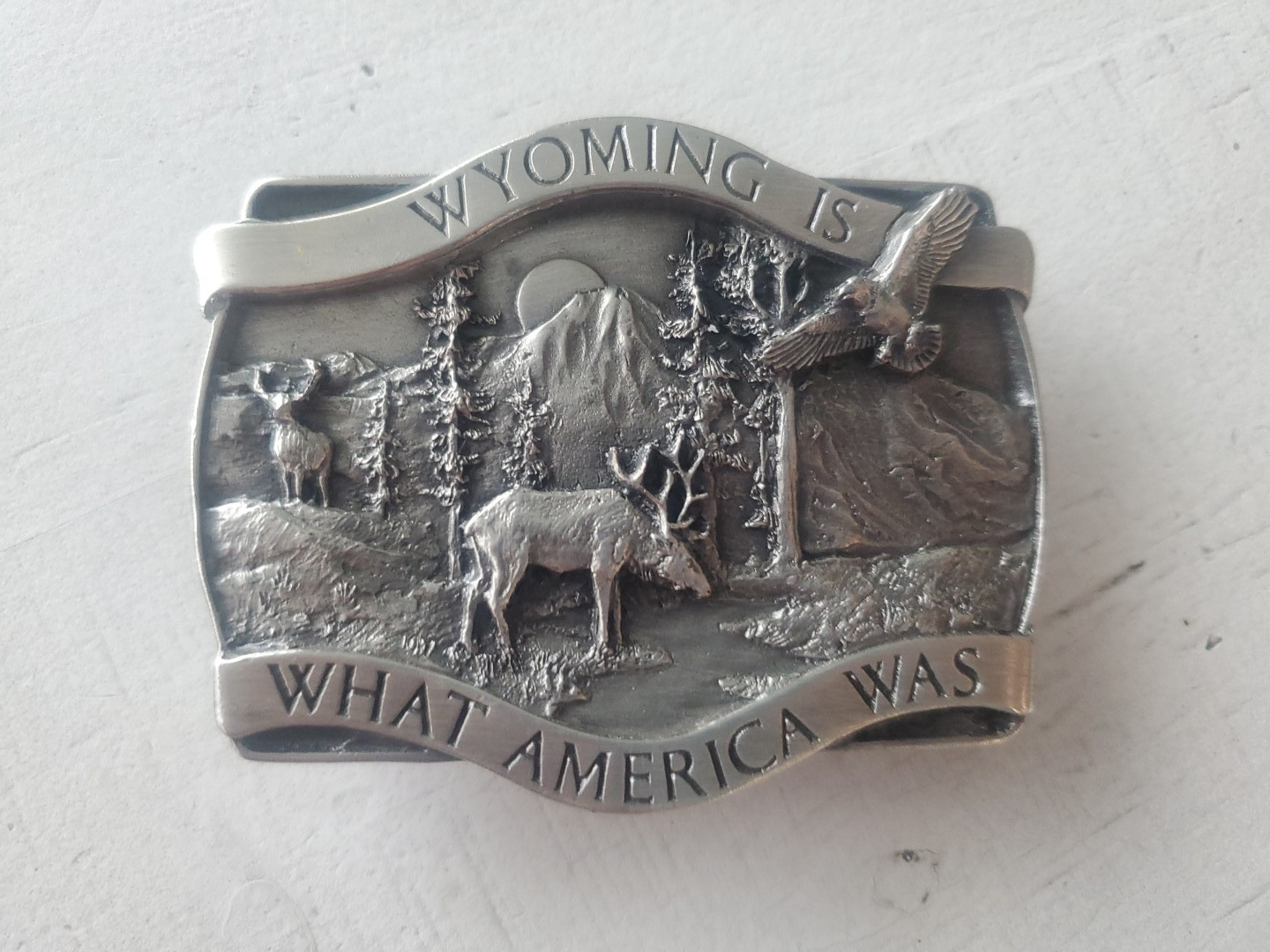 1981 Bergamot Wyoming Is What America Was Belt Buckle Elk Eagle Mountains Nature