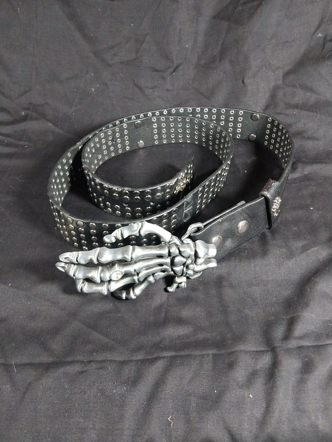 Studded Leather Belt With Skelton Hand Buckle 42&Prime;