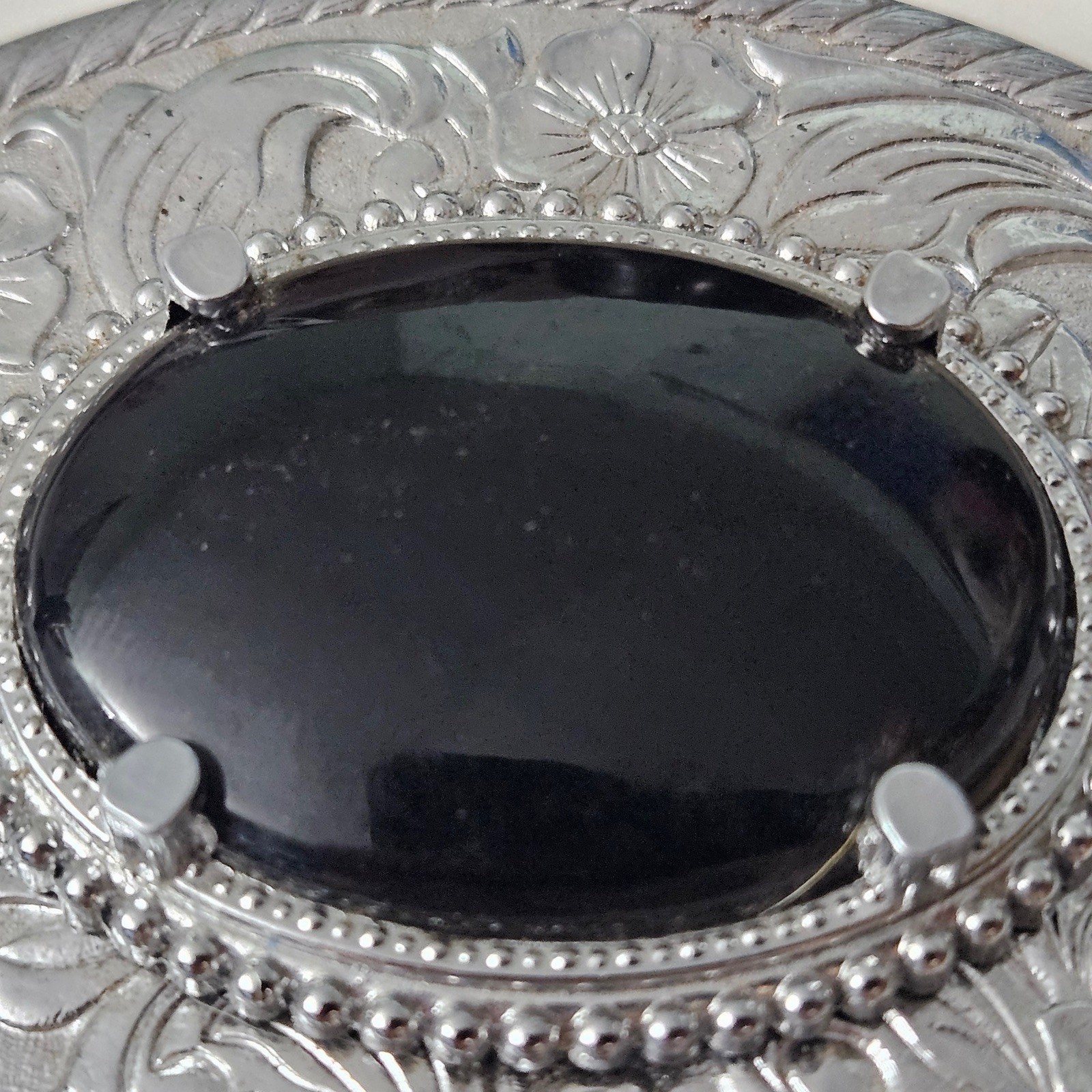 AWESOME Ornate Vintage Silver Buckle with Black Onyx Gem Floral Engraved Retro