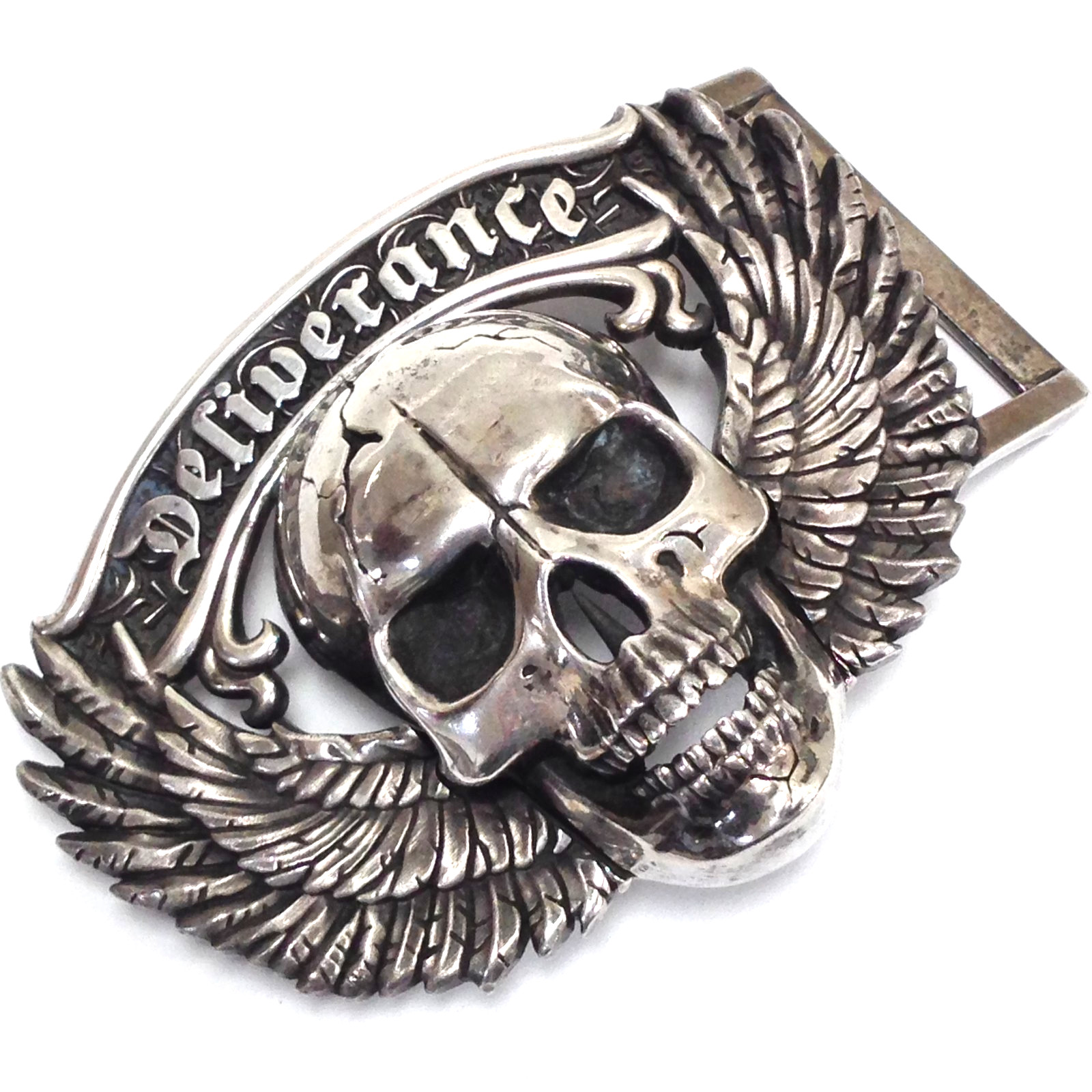 Skull & Wings Deliverance From Evil Belt Buckle Solid Sterling Silver 236.8g