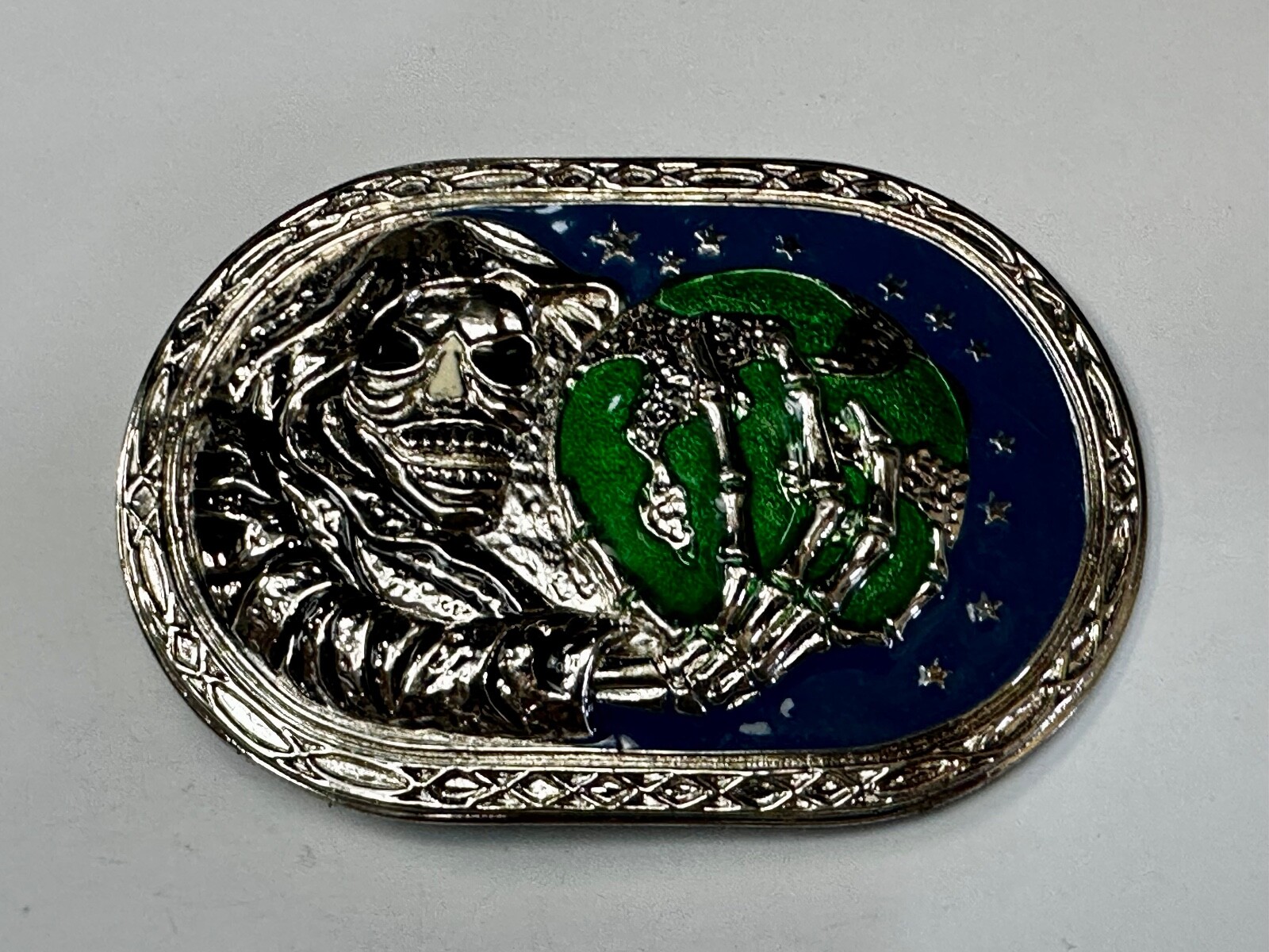 Skull Face Holding The Earth Grim Reaper Silver Green Gothic Biker Belt Buckle