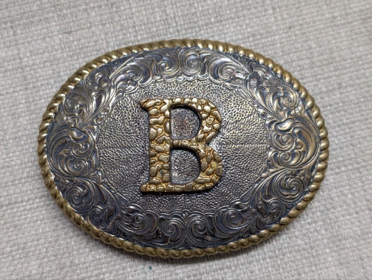 vintage CRUMRINE belt buckle « B » heavy silver plate BRONZE sterling WESTERN