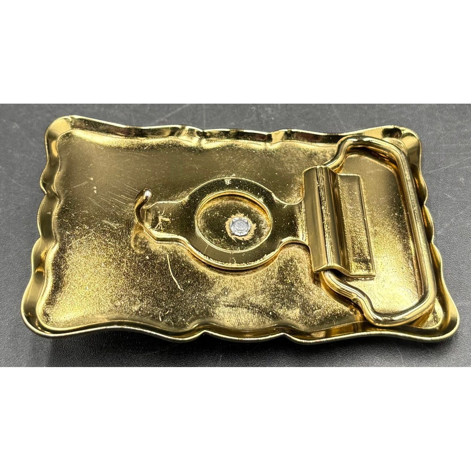 Vtg Native American Theme Belt Buckle Faux Turquoise Scalloped Edge Southwestern