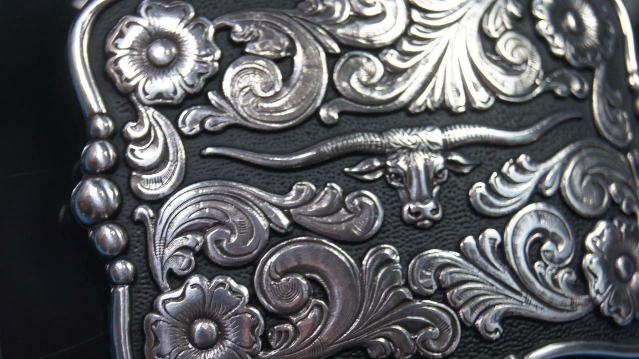 Nocona Western Belt Buckle Rectangle Longhorn Silver Tone and Black 37586