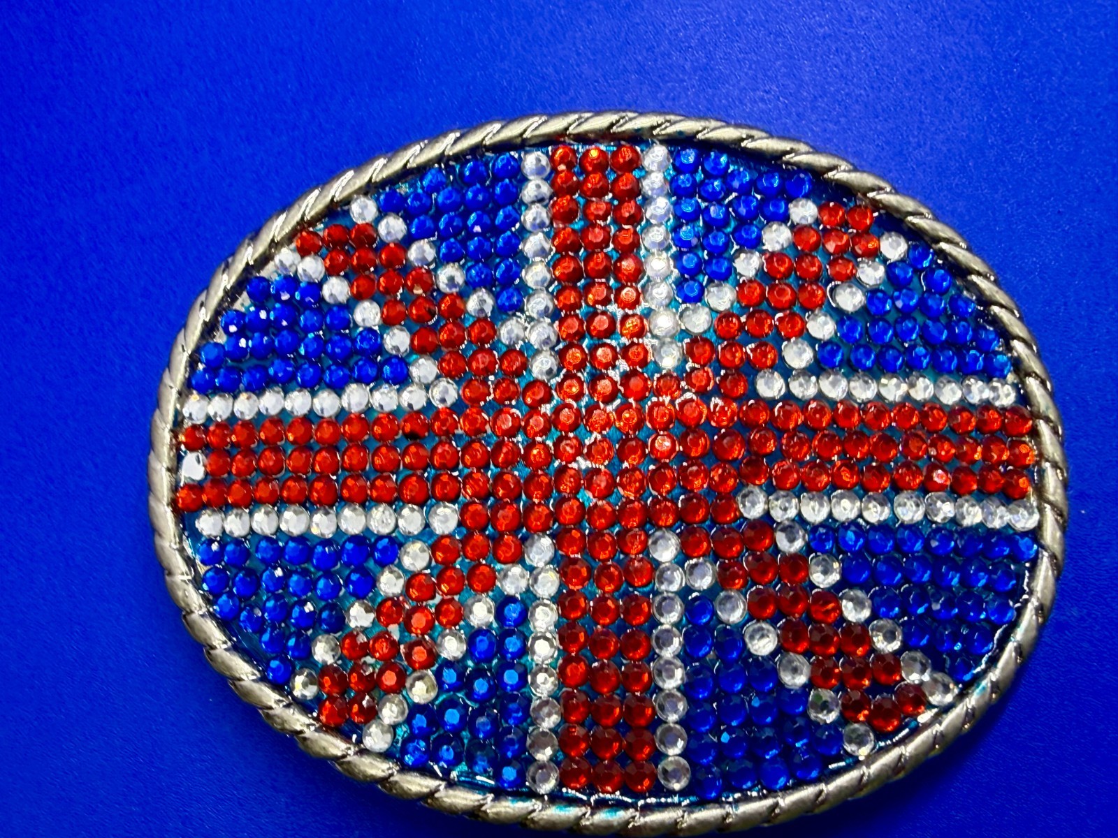 Union Jack UK British Flag Bling 80&rsquo;s Belt Buckle – Missing Rhinestone