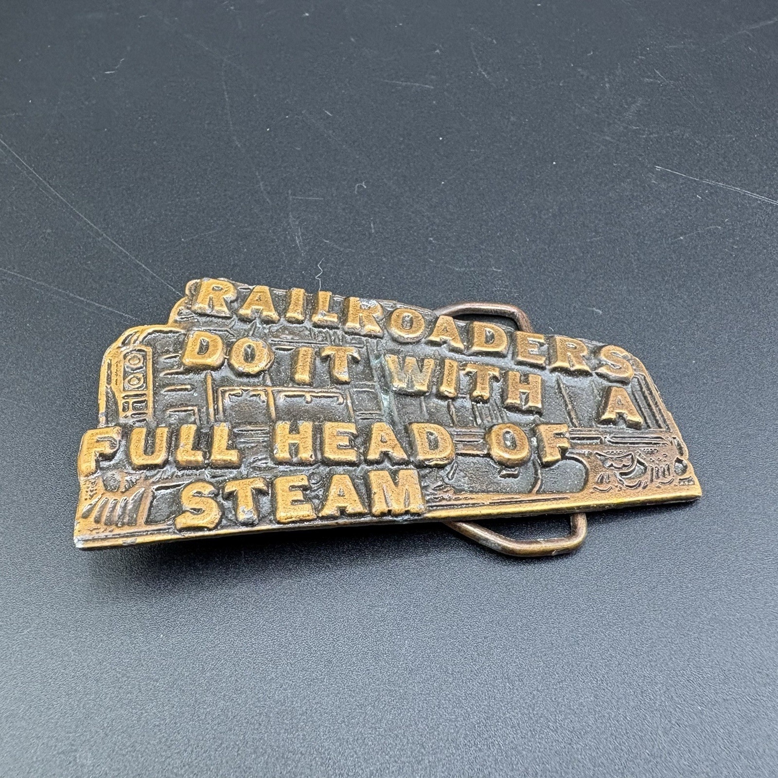 Vtg Solid Brass Locomotive Train Belt Buckle Novelty Funny Railroad Gold-tone
