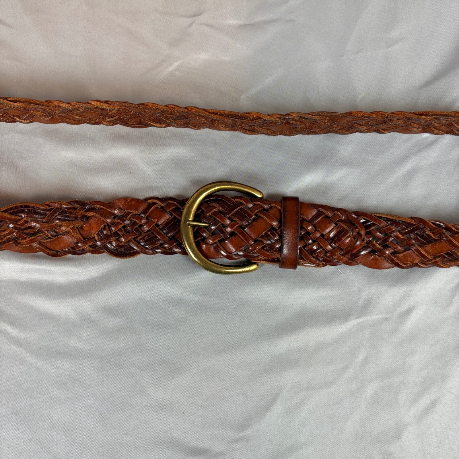 Fossil Braided Leather Belt Brown Woven Brass Buckle Large Boho Western festival