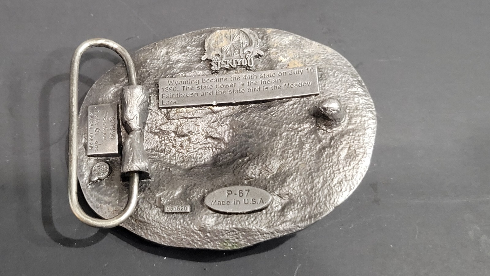 1996 Siskiyou Pewter Western Belt Buckle Co Wyoming P-67 Elk/Train/Fishing