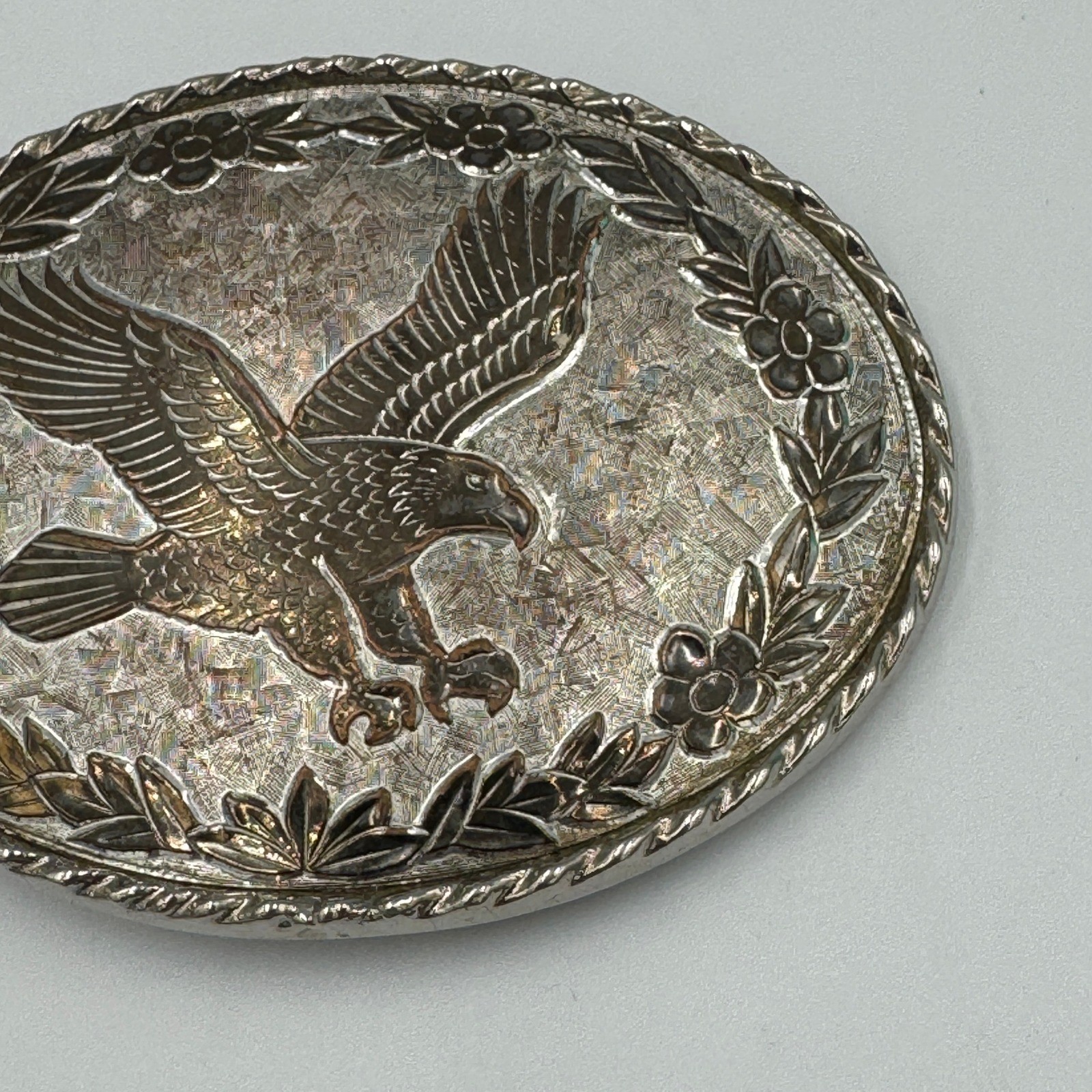 Vintage W USA Silver Tone Bald Eagle Western Belt Buckle Floral Oval Americana