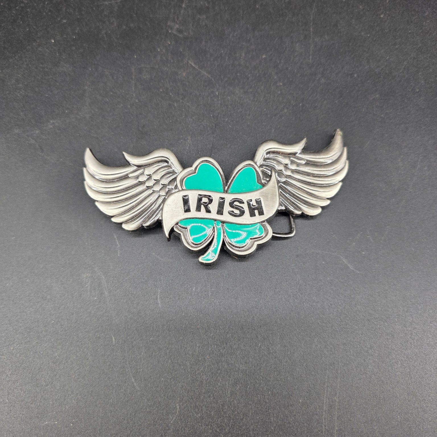 Irish Shamrock Wings Belt Buckle Silver Green Enamel 3.75&Prime; Wide Celtic