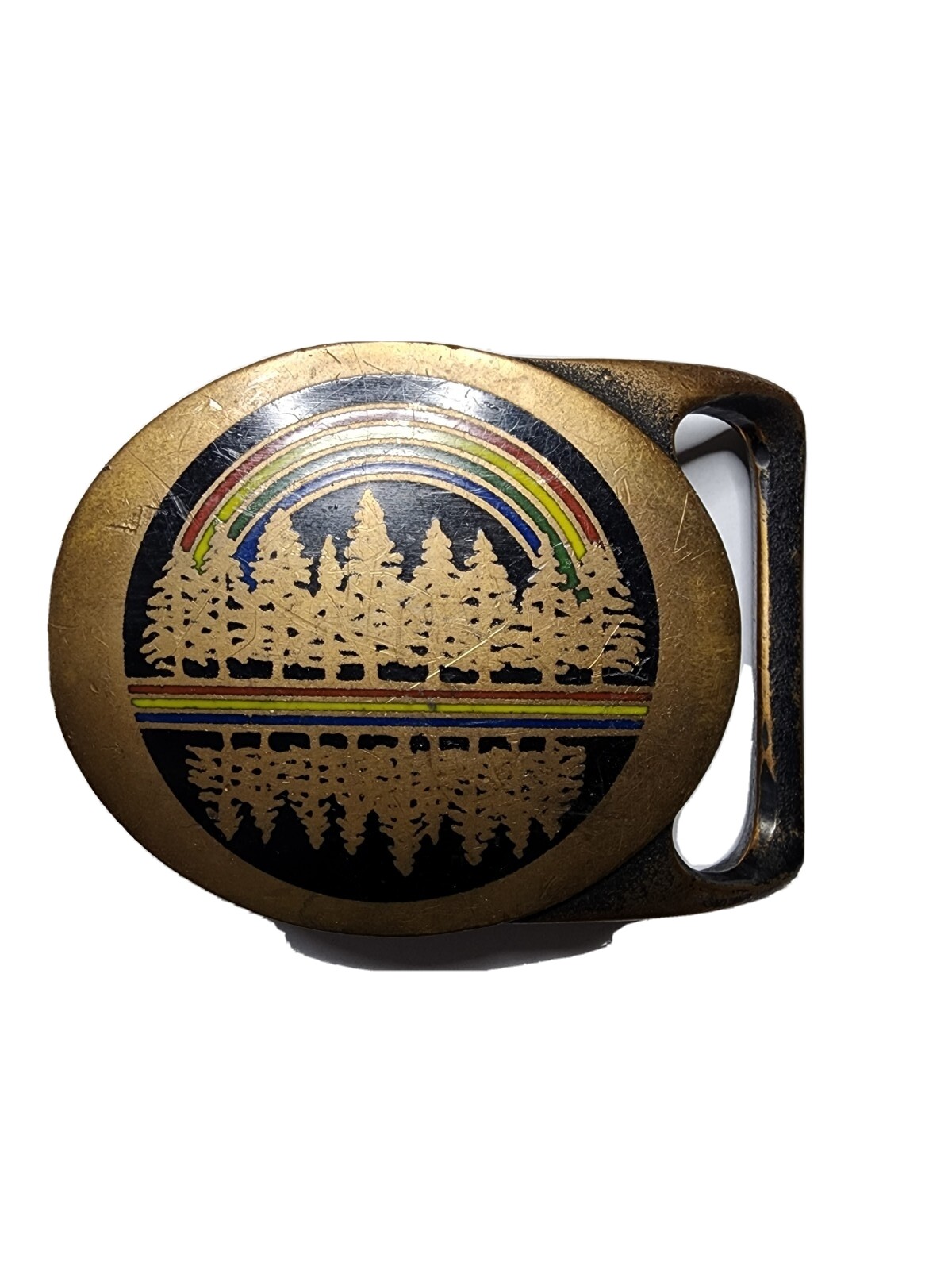 Vintage Tech Ether Guild « Echo » Solid Brass Belt Buckle Rainbow Forest Trees