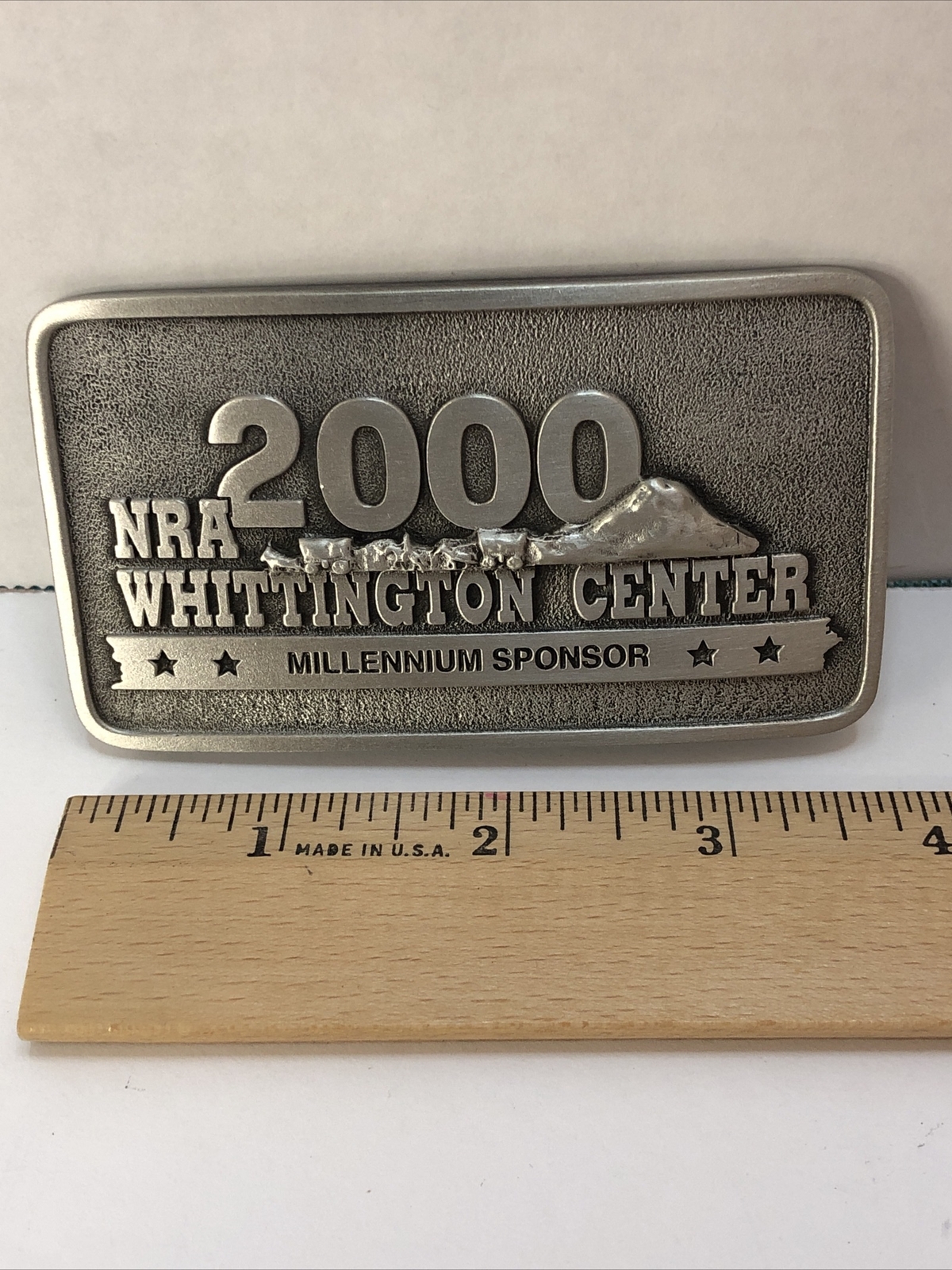 NRA Whittington Center 2000 Millennium Sponsor Belt Buckle 3 3/4&Prime; x 2&Prime; Pewter