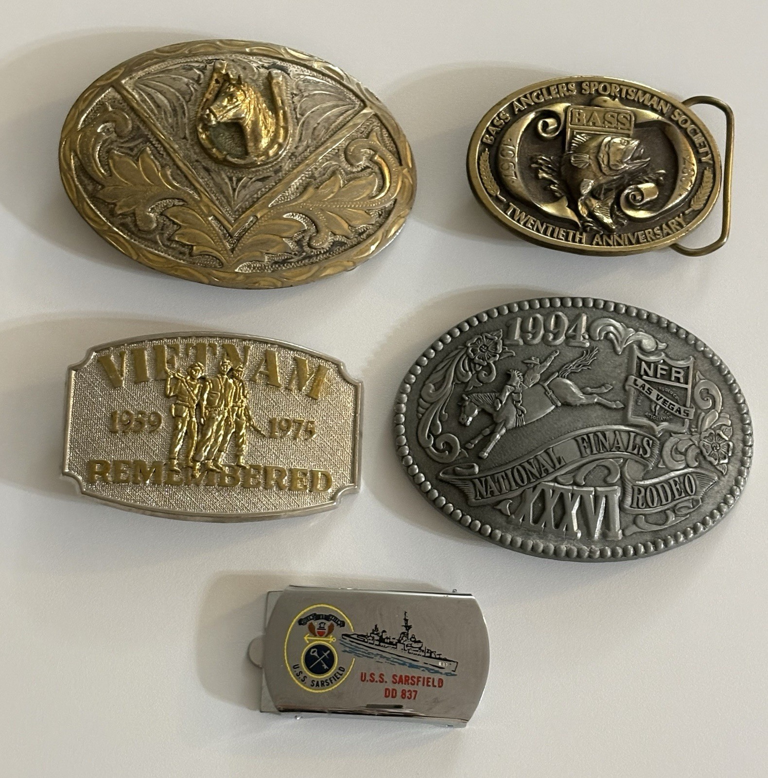Vintage LOT OF 5 Belt Buckles Mix Metals WESTERN VIETNAM HORSE RODEO BASS
