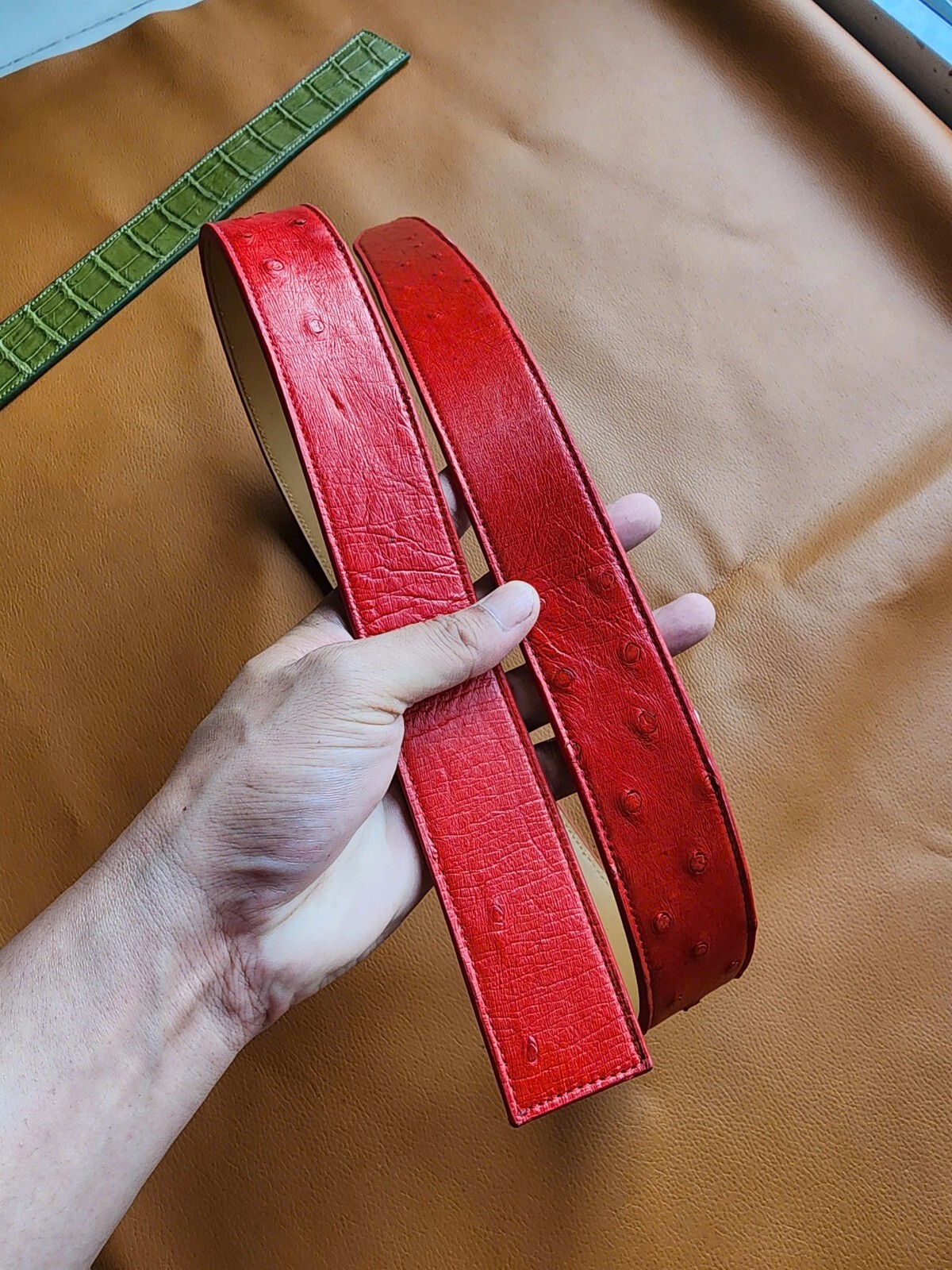 3.8CM Red 100% Genuine Body Ostrich Leather Skin Men Belt Buckle- Handmade