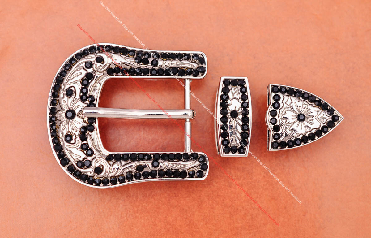 30mm Bling Silver Western Cowboy Black Rhinestone Crystal 3PCS Set Belt Buckle