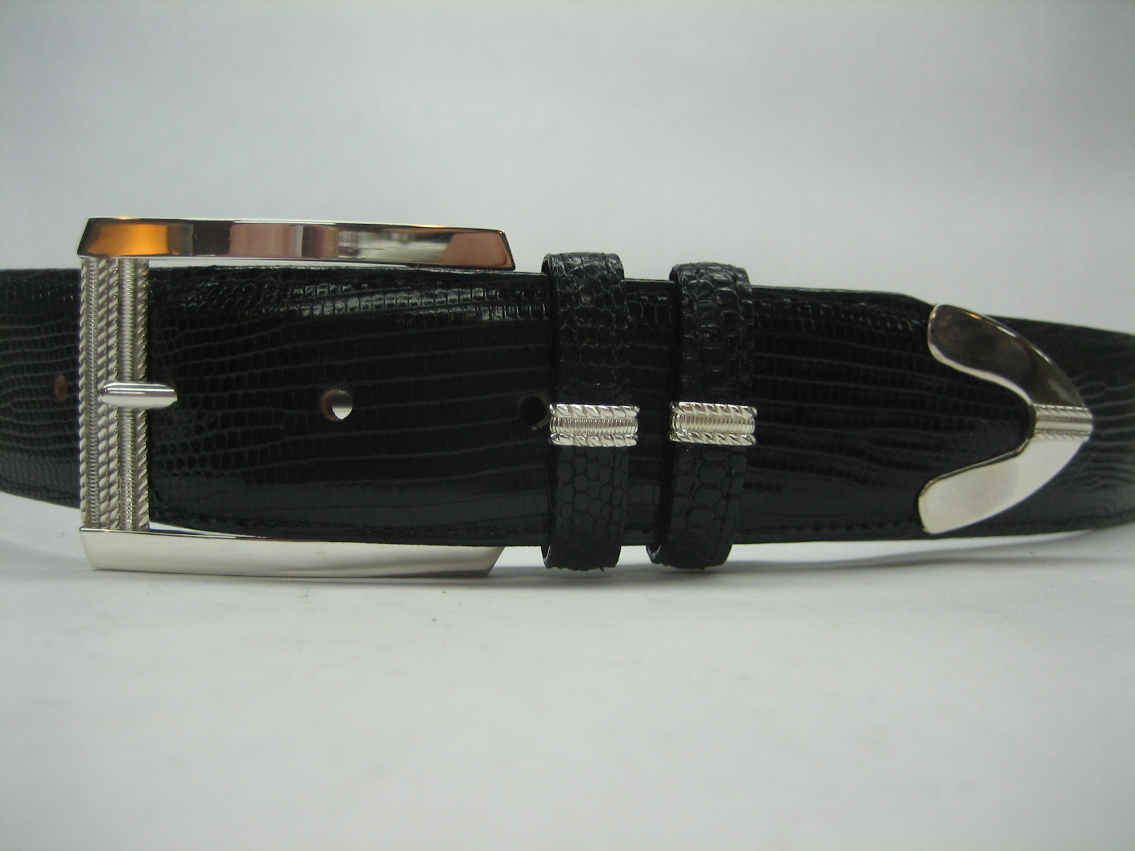STERLING SILVER 925 BUCKLE TWO LOOP AND TIP SET & GENUINE LIZARD 1.5&Prime; BELT U.S.A