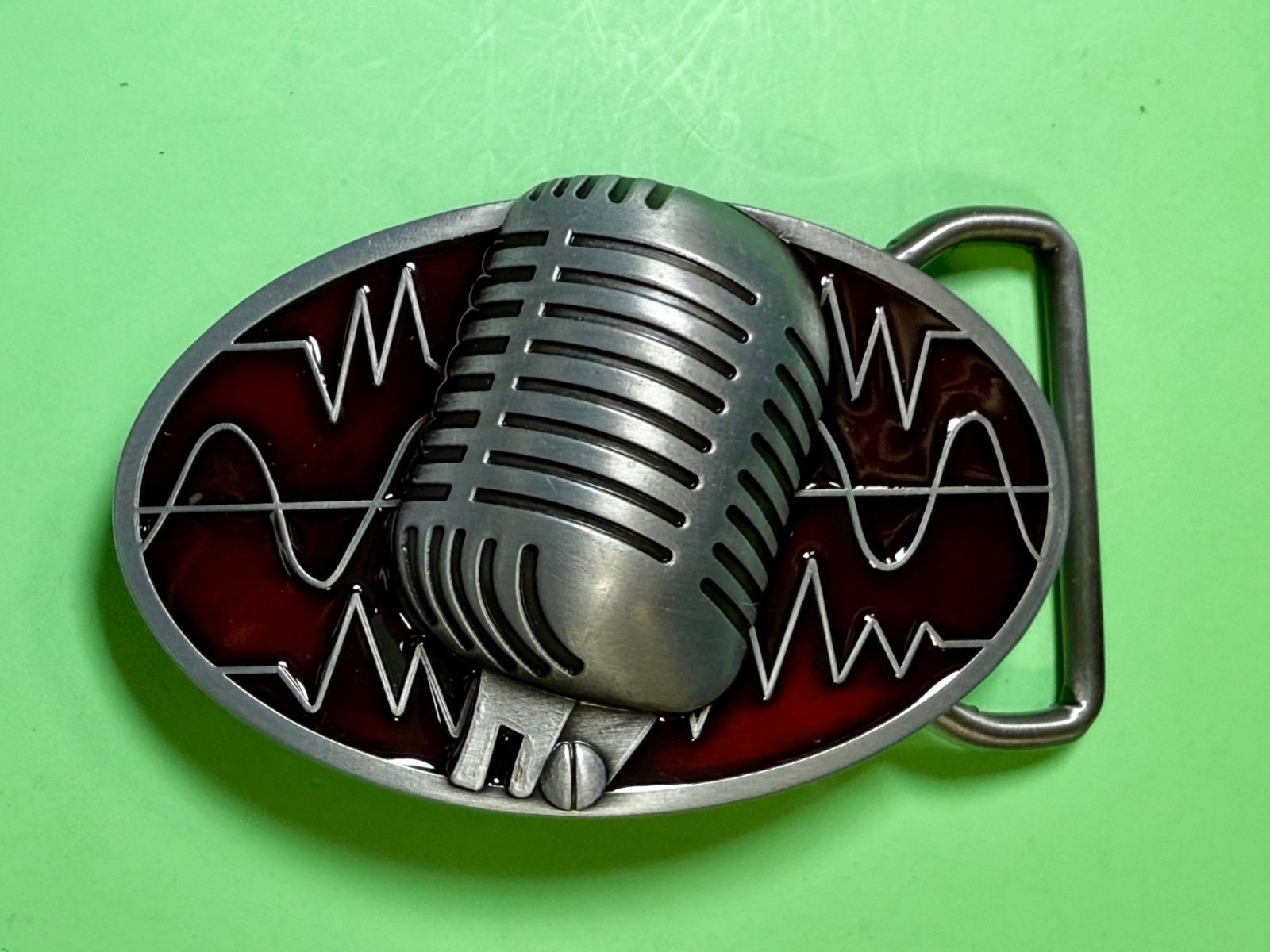 Retro Music Elvis Style Microphone Red Enameled Musician Ribbon Mic Belt Buckle