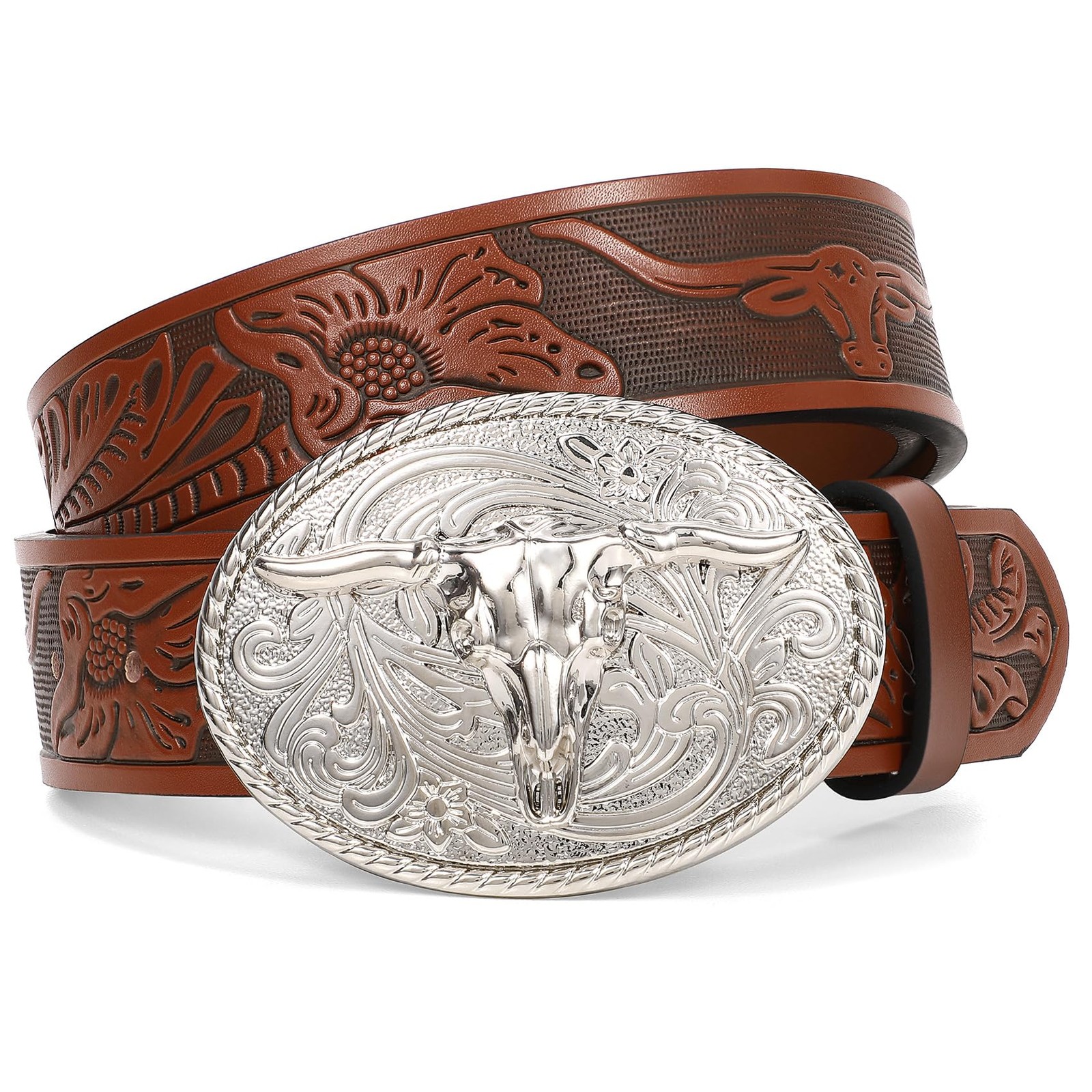 XZQTIVE Western Leather fits waist from 33&Prime;-36&Prime;, Brown/Silver Bull Buckle