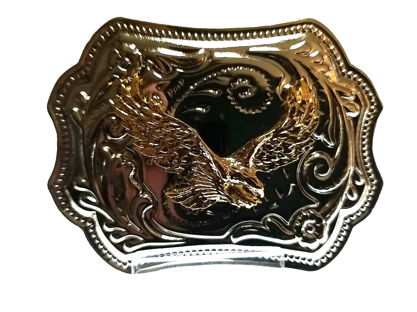 FLYING EAGLE Belt BUCKLE Gold on Silver Rectangular Metal Western/Biker/USA