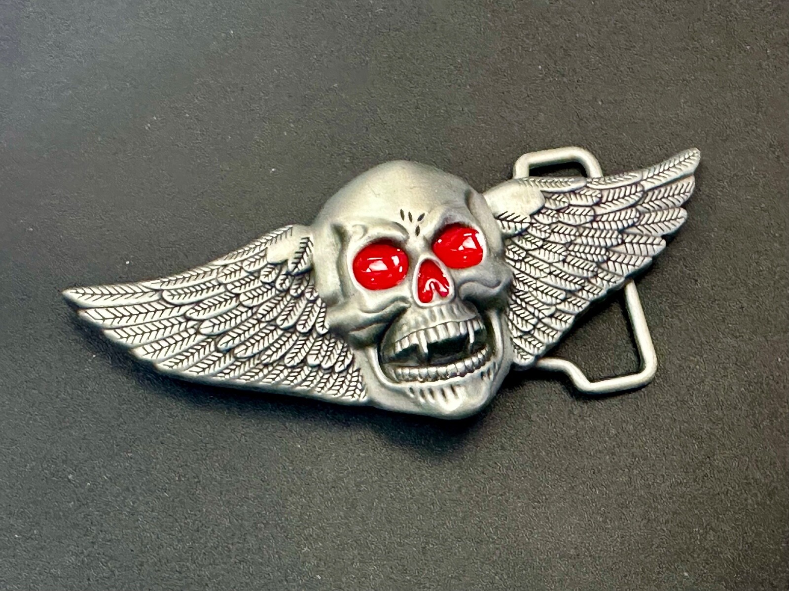 Skull With Fangs And Bright Red Eyes Cutout Large Wide Belt Buckle