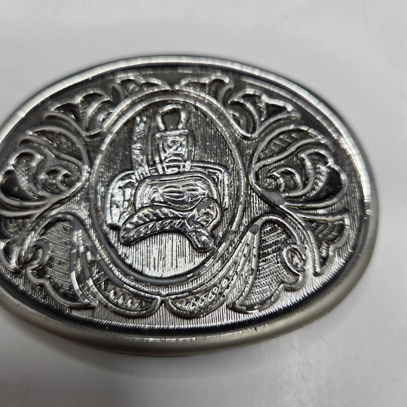 Avon Belt Buckle Vintage Western Horse Saddle Silver Tone Oval Scrollwork G7/67